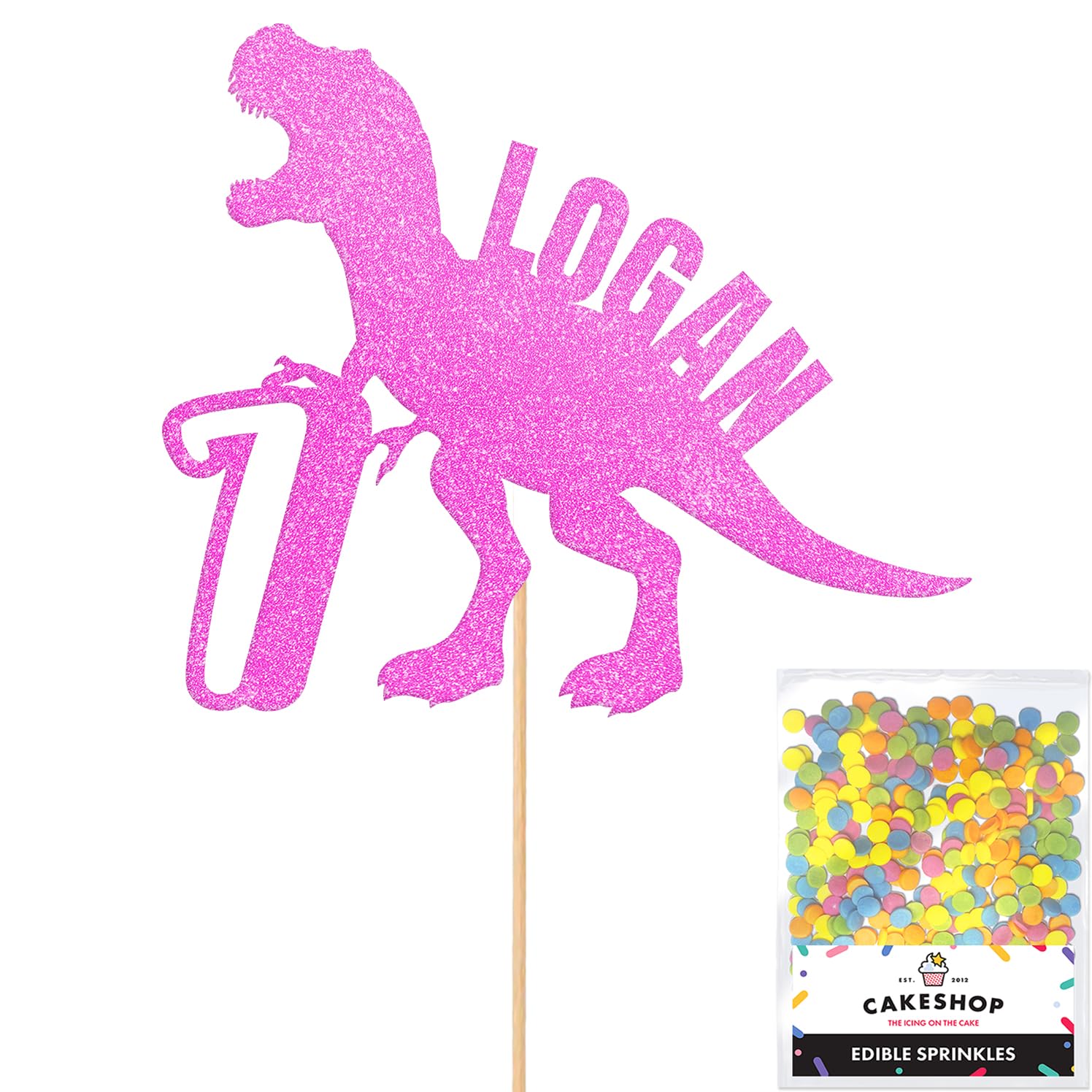Personalised Birthday Dinosaur Glitter Cake Topper- Light Pink Any Name & Age Glitter Cake Decoration and Sprinkles - Happy Birthday Decorations - Personalised Toppers for Cakes by Cakeshop โ image 1