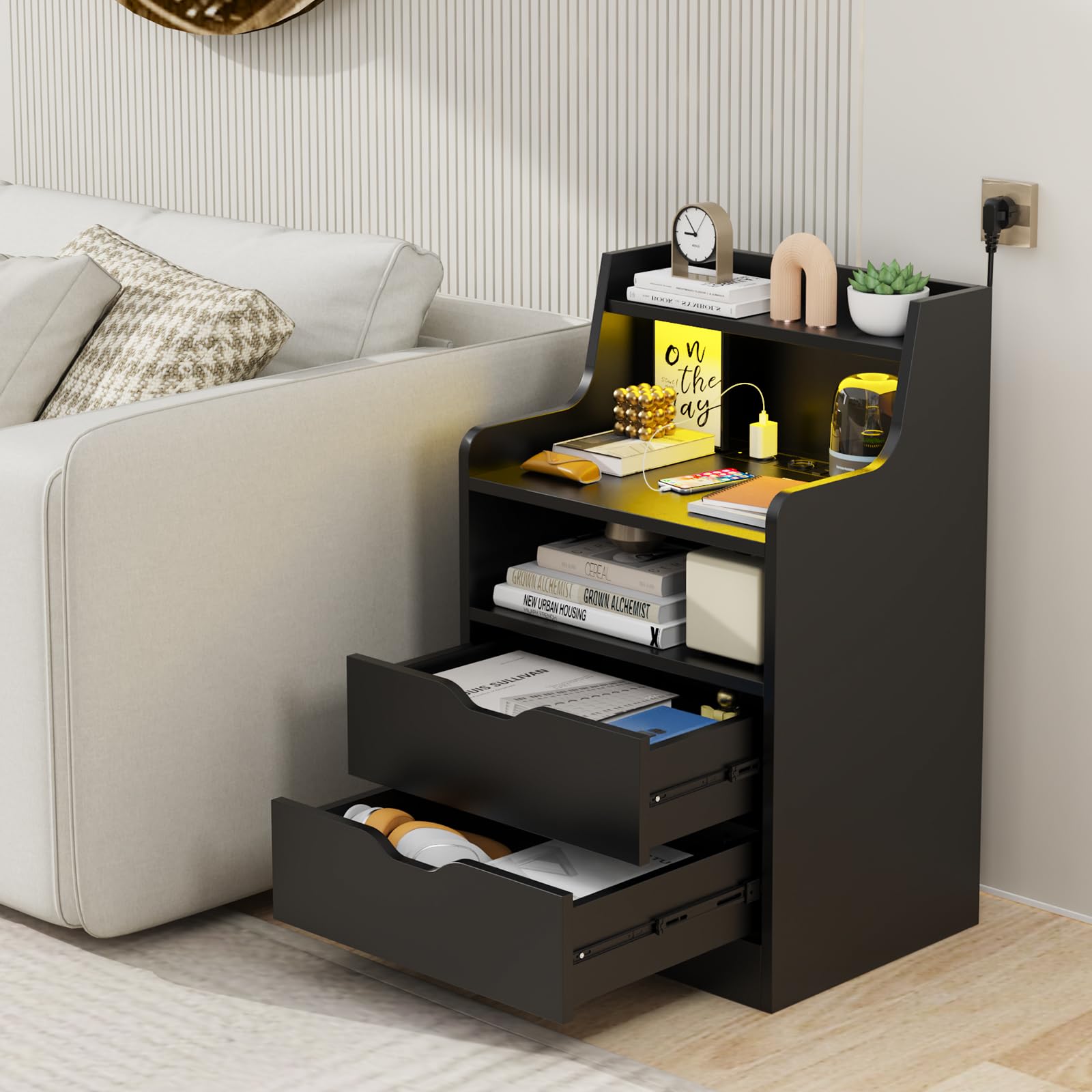 Nachttisch LED mit Steckdose & USB, Nachtschrank mit 2 Schubladen und offenem Ablagefach, Smart Nachttische mit LED-Beleuchtung, Nachttische Schwarz 45x35x73cm, Modern Nachtschrank Tisch