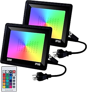 NAWVACE 50W LED Flood Light RGB 500W Equivalent, RGB Color Changing Flood Lights with Remote Control, 4 Modes 16 Colors Dimmable, IP66 for Yard, Garden, US3-Plug, 2 Pack