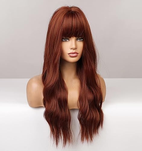 Miniatura 4 de LANOVA - Peluca desvanecida con fleco, peluca castaña rubia ondulada de cabello sintético sin pegamento, pelucas de cabello largo de aspecto natural