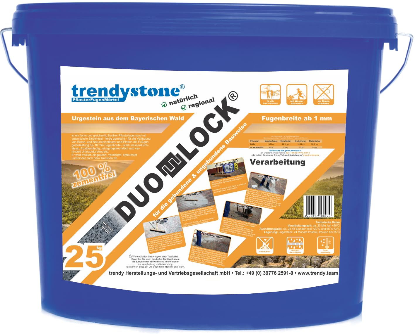 trendystone DUO-LOCK Pflasterfugenmörtel 25 kg (granit-grau) | wasserdurchlässiger Fugensand für 1–10 mm Fugen | gebundene & ungebundene Bauweise | frostbeständig & unkrautfrei |