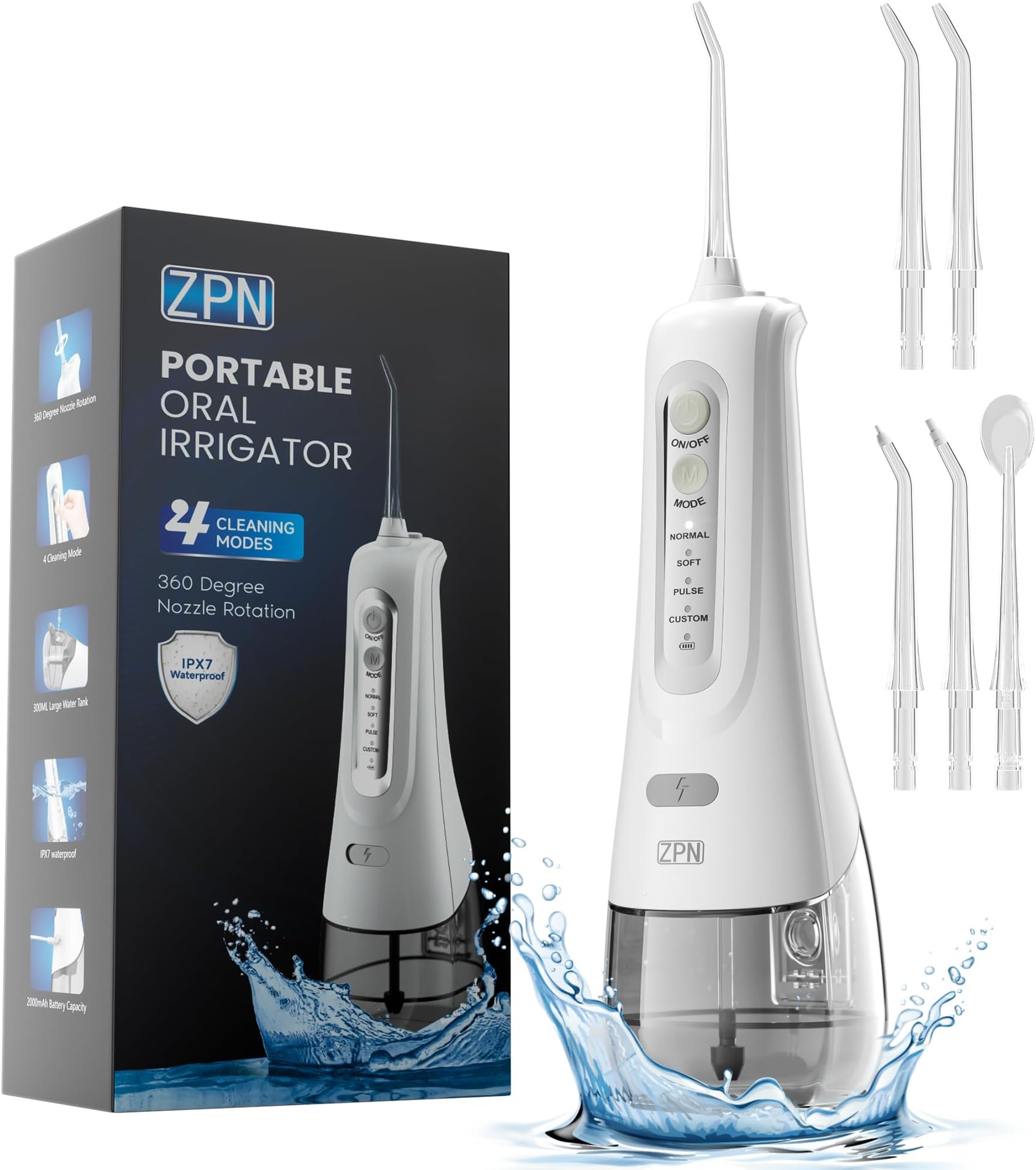ZPN Water Dental Flosser Cordless for Teeth Cleaning，with 4 Modes Oral Irrigator, 5 Replaceable Jet Tips, Portable and Rechargeable IPX7 Waterproof Teeth Cleaner for Home and Travel (White)