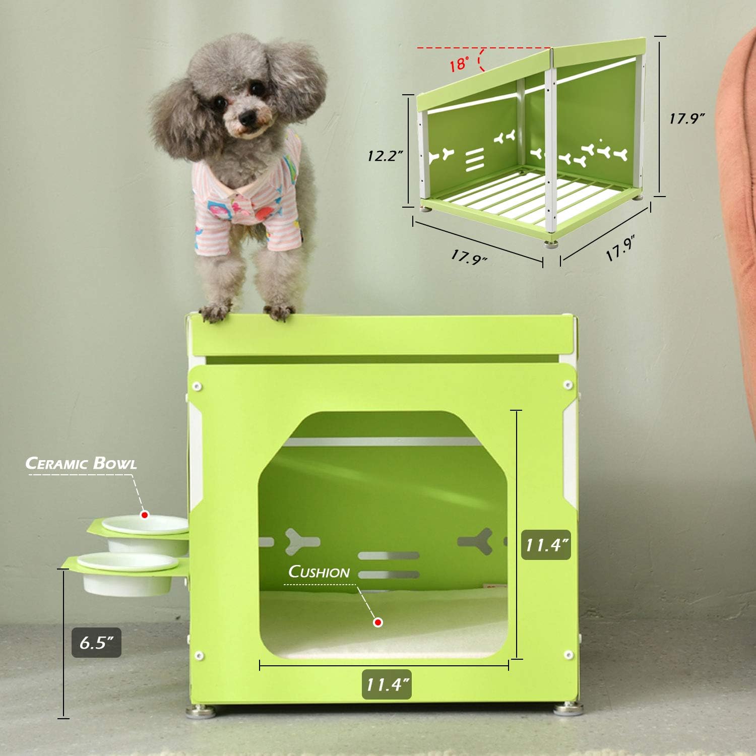 SPRICHIC Indoor Acrylic-Metal Pet Products - Modern Minimalist Cat House | Kitten Condo | Kitty Shelter | Dog Kennel | Puppy Cave with Cushion Bed and Ceramic Food Bowls in White : Pet Supplies