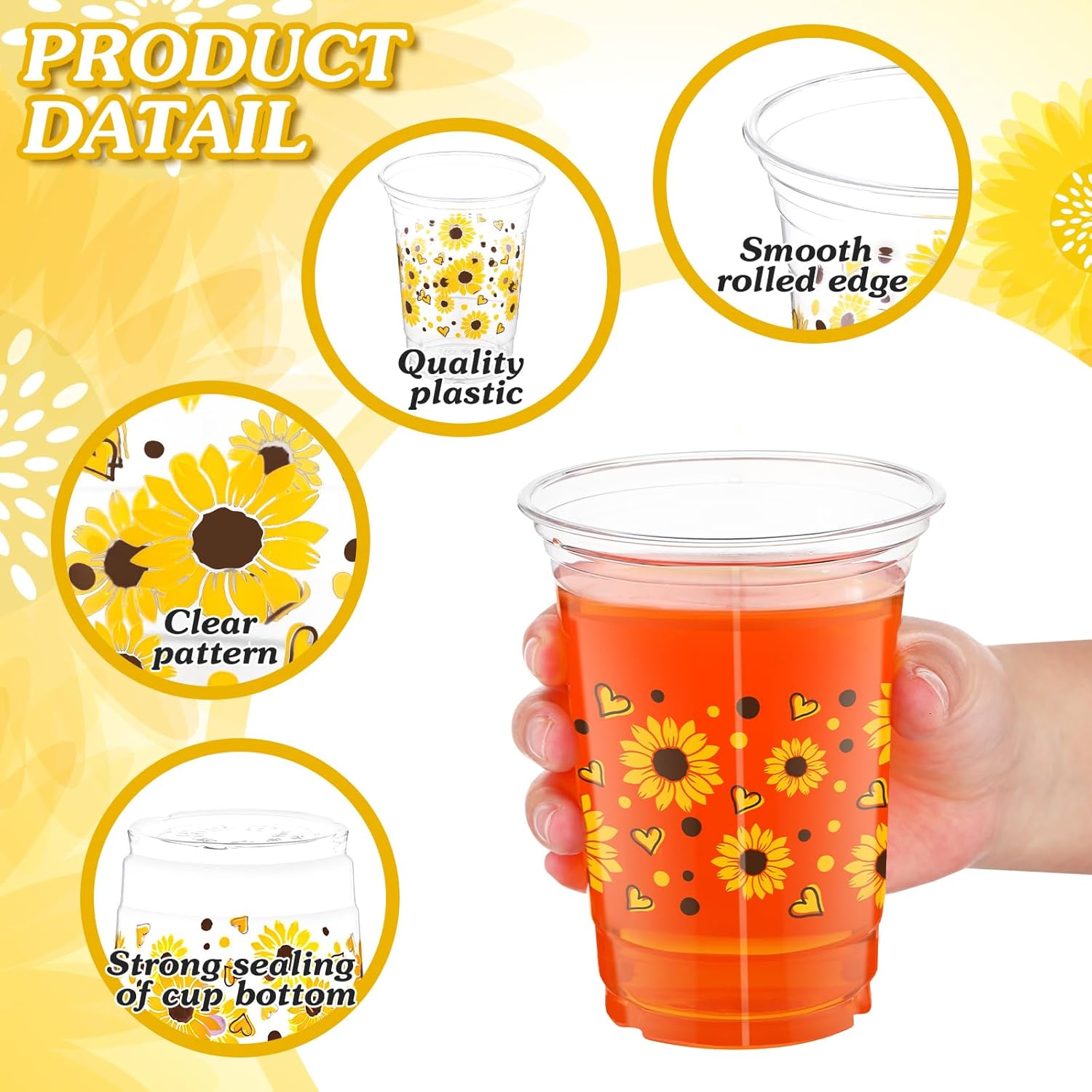50 Pcs 16 oz Sunflower Plastic Cups Disposable Clear Cold Drinking Tumblers for Birthday Party Supplies, Picnic, BBQ, Weddings, Anniversary, Home, Office