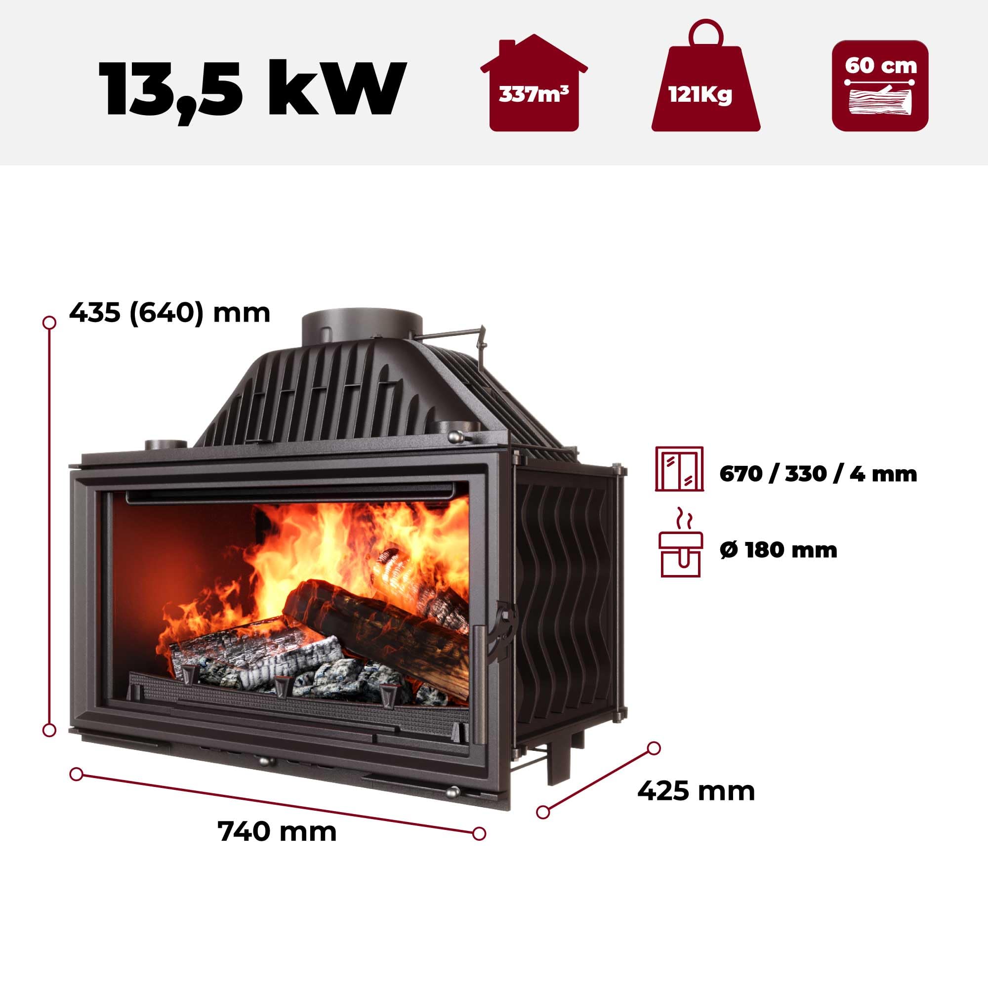 Inserto per camino a legna in ghisa - W15 (13,5 kW) ECO