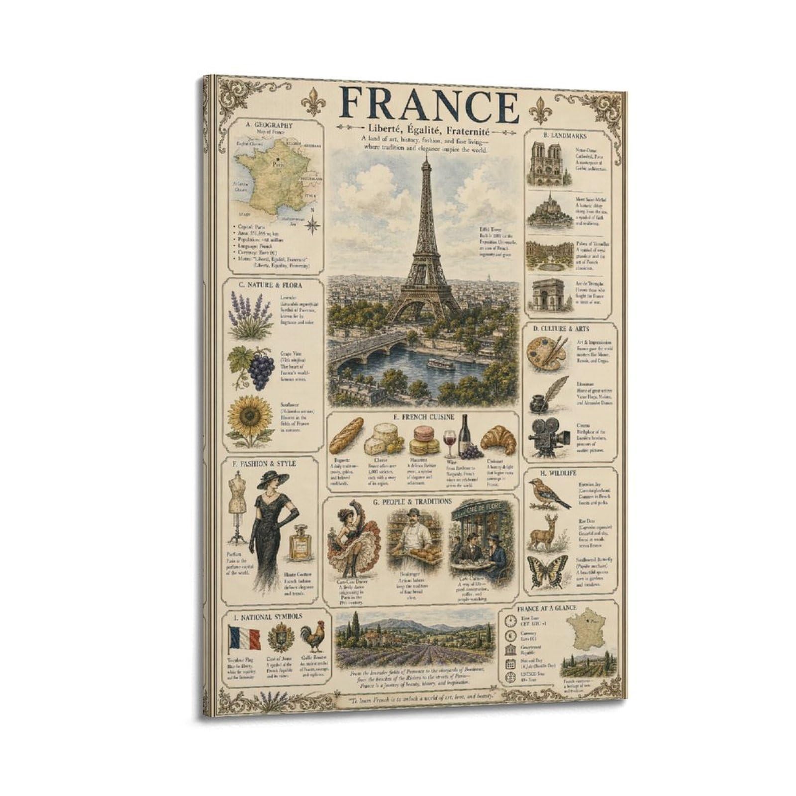 OKAHYS Vintage Travel Poster France Paris Artwork Decorative Painting Canvas Wall Artworks Picture 20x30inch(50x75cm)