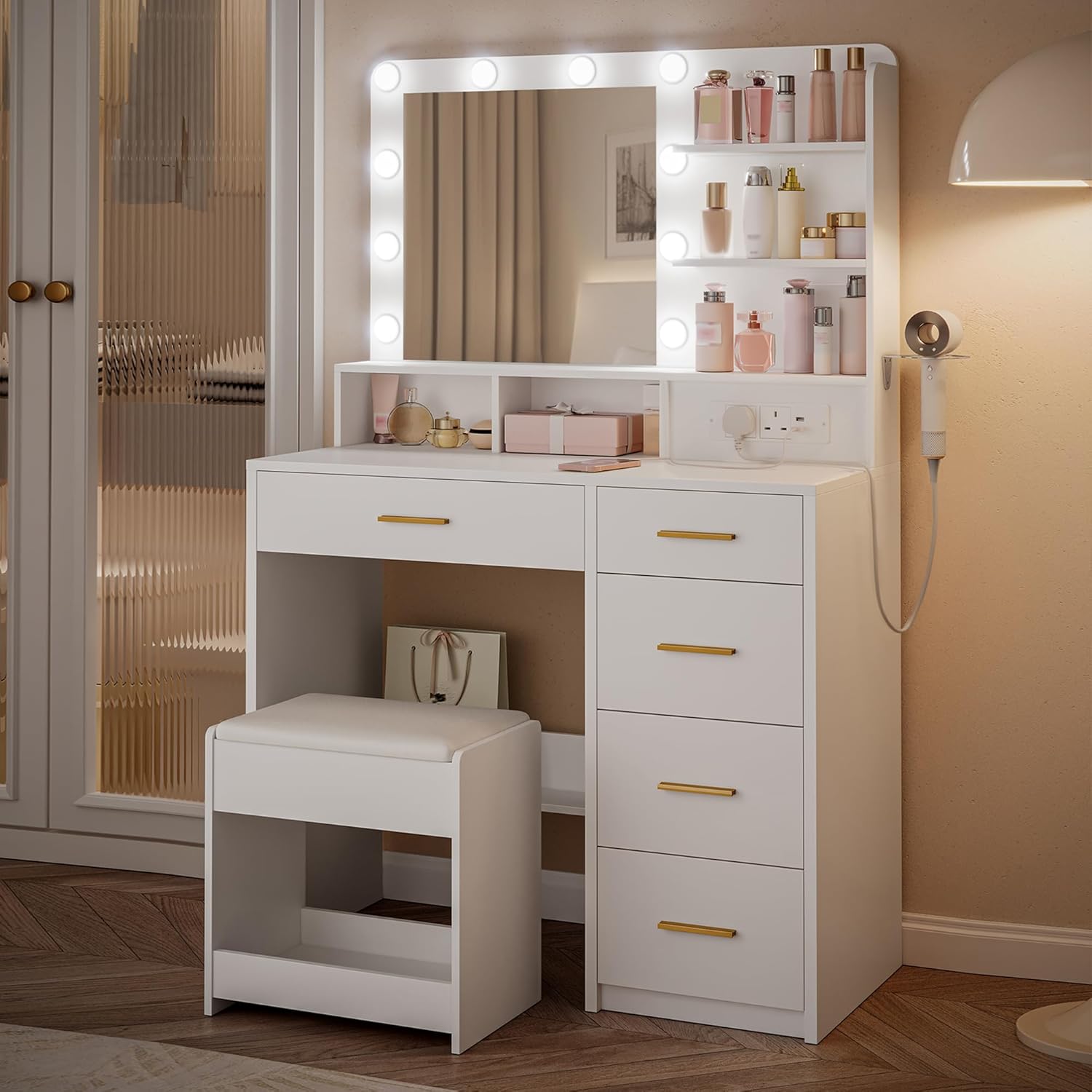 Hzuaneri Dressing Table with 3-Colour LED Adjustable Brightness, Vanity Table with Plug and Large Mirror, Stool and Hairdryer Holder, 6 Open Storage Areas, 90 cm desktop, White DT39003X