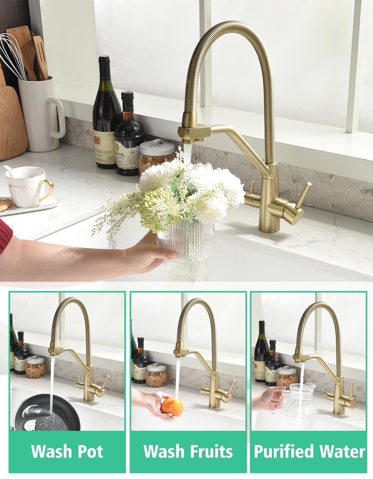 TIMACO Grifo de cocina dorado de 3 vías, giratorio 360°, con grifo 3 en 1 para filtro de agua, grifo de resorte en espiral, grifo de agua potable con doble palanca, alta presión, oro cepillado