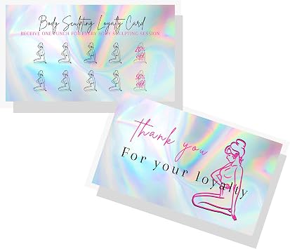 Boutique Marketing LLC Body Sculpting Loyalty Discount Card | 50 Pack | 2x3.5 inch Business Card Size | Non-Reflective Matte Rainbow Holographic Look Design