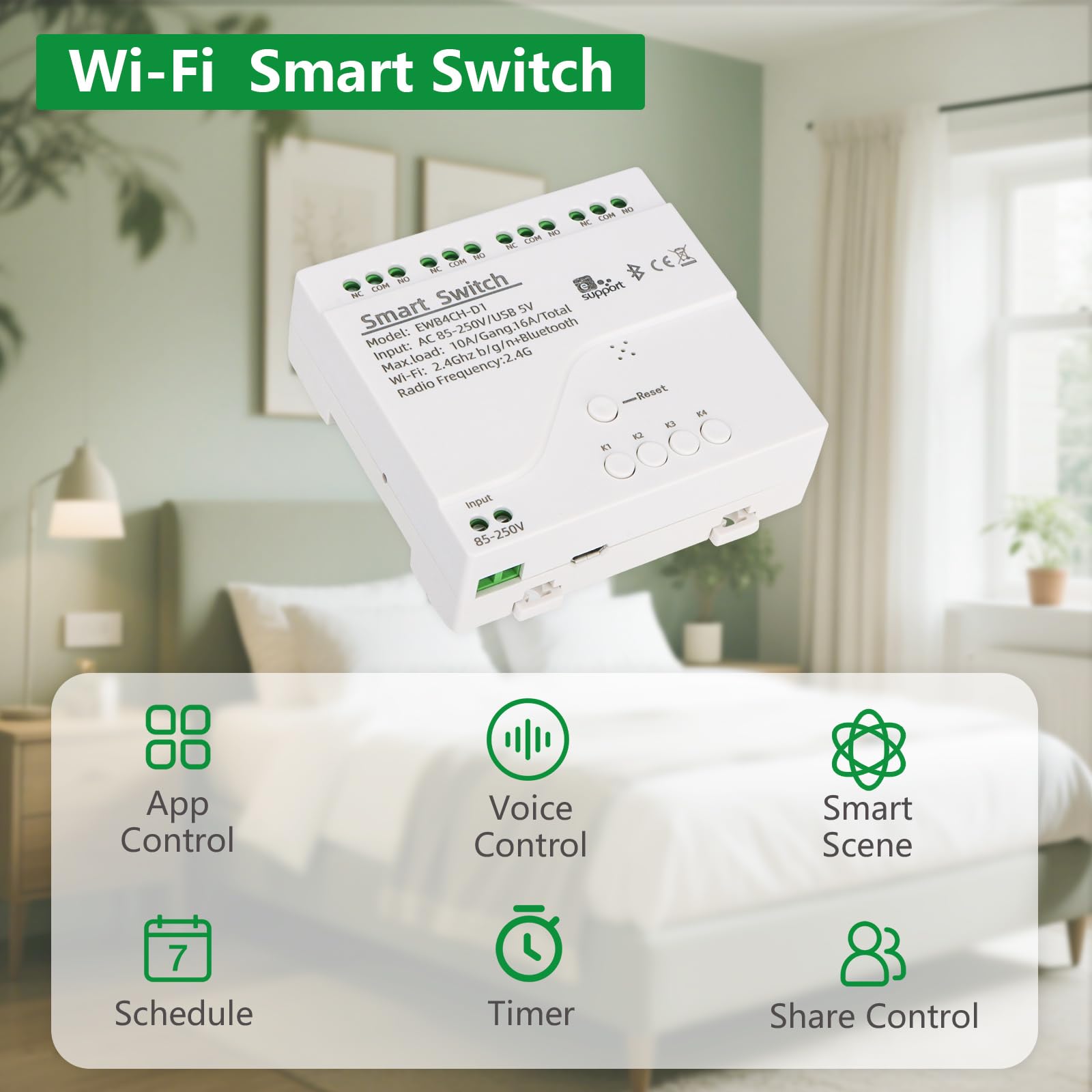 Wengart Interruptor de relé WiFi inteligente AC 85-250 V 10 A, módulo de relé de 4 canales de contacto seco, 2,4 GHz, aplicación Ewelink, funciona con Alexa Google Home, admite tres modos de control
