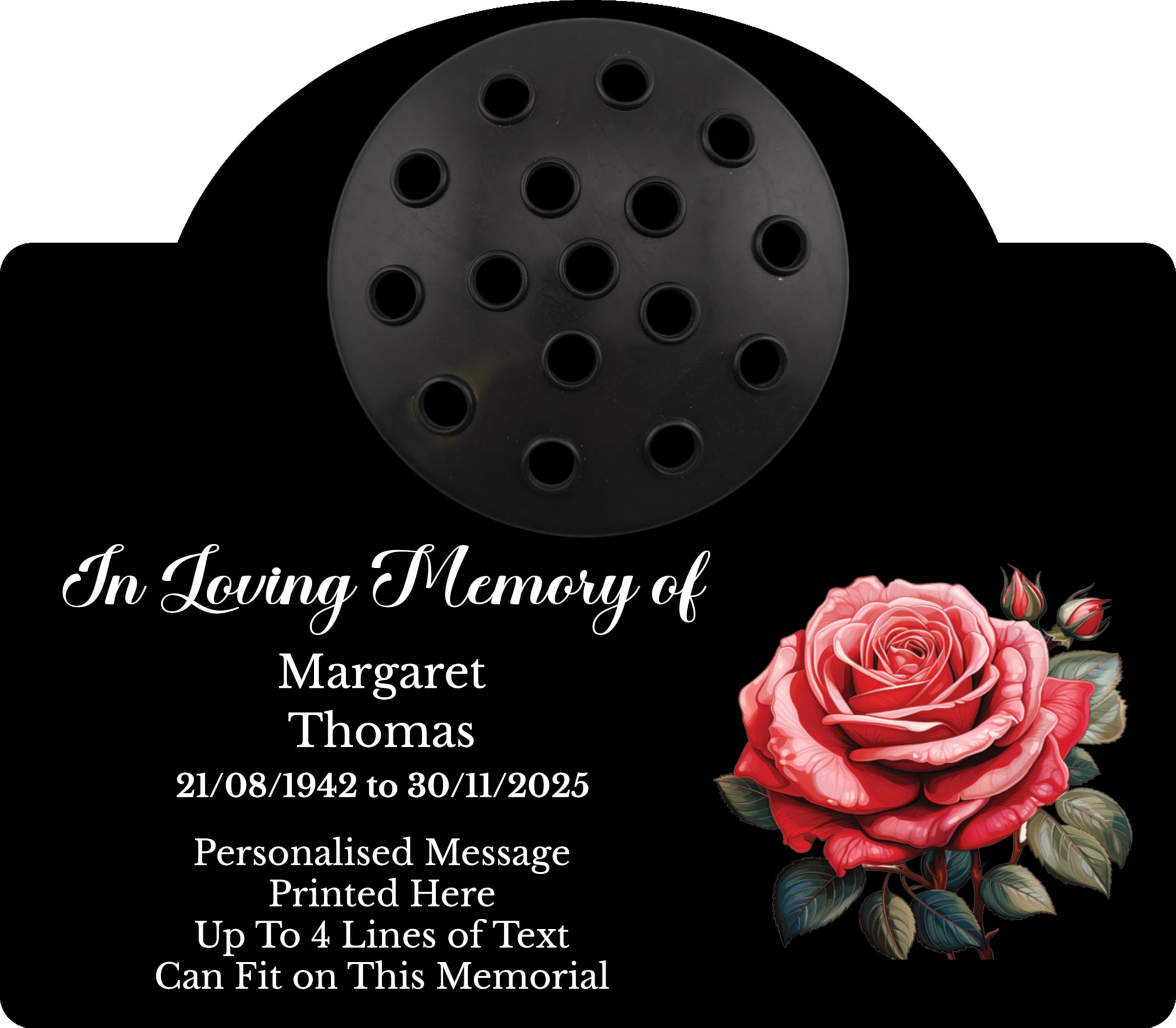 1stclassgifts Personalised Rose Design Metal Grave Stone Marker Headstone Memorial Plaque, In Memory Sign Remembrance Vase Flower Pot Grave (UV PRINTED) (Black, Black lid)