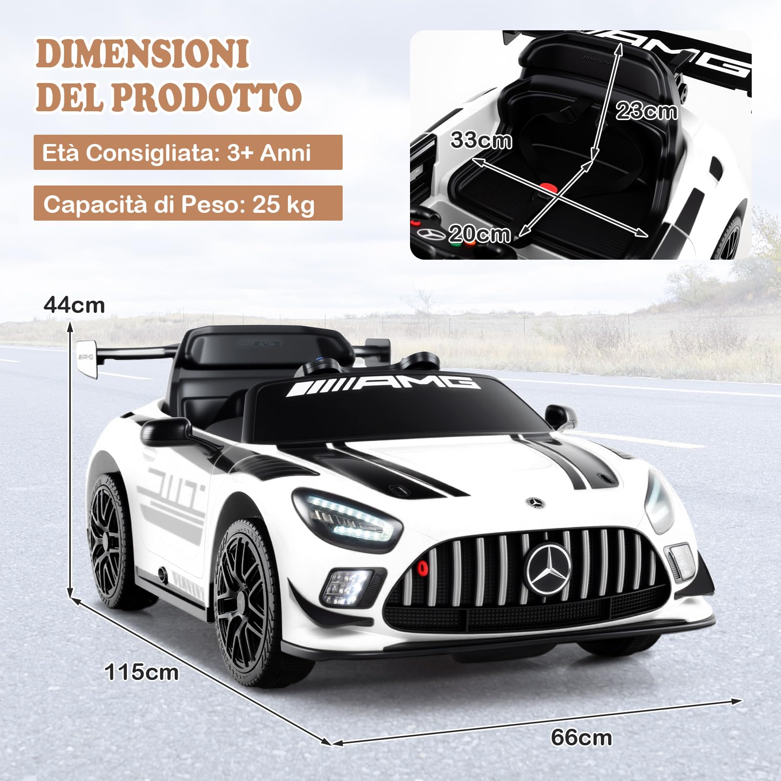 RELAX4LIFE Macchina Elettrica per Bambini 12V Mercedes-AMG GT3,con Telecomando, 2,5/3,5/4,5 km/h, Musica, Clacson, Luci LED, Cintura di Sicurezza Regolabile, Avviamento Lento,3 Anni+ (BIANCO)