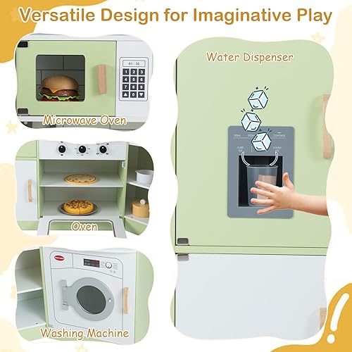 Miniatura 3 de Juego de cocina de juguete de esquina con juego de chef, juego de cocina para niños pequeños con máquina de hielo, lavadora, microondas, fregadero,