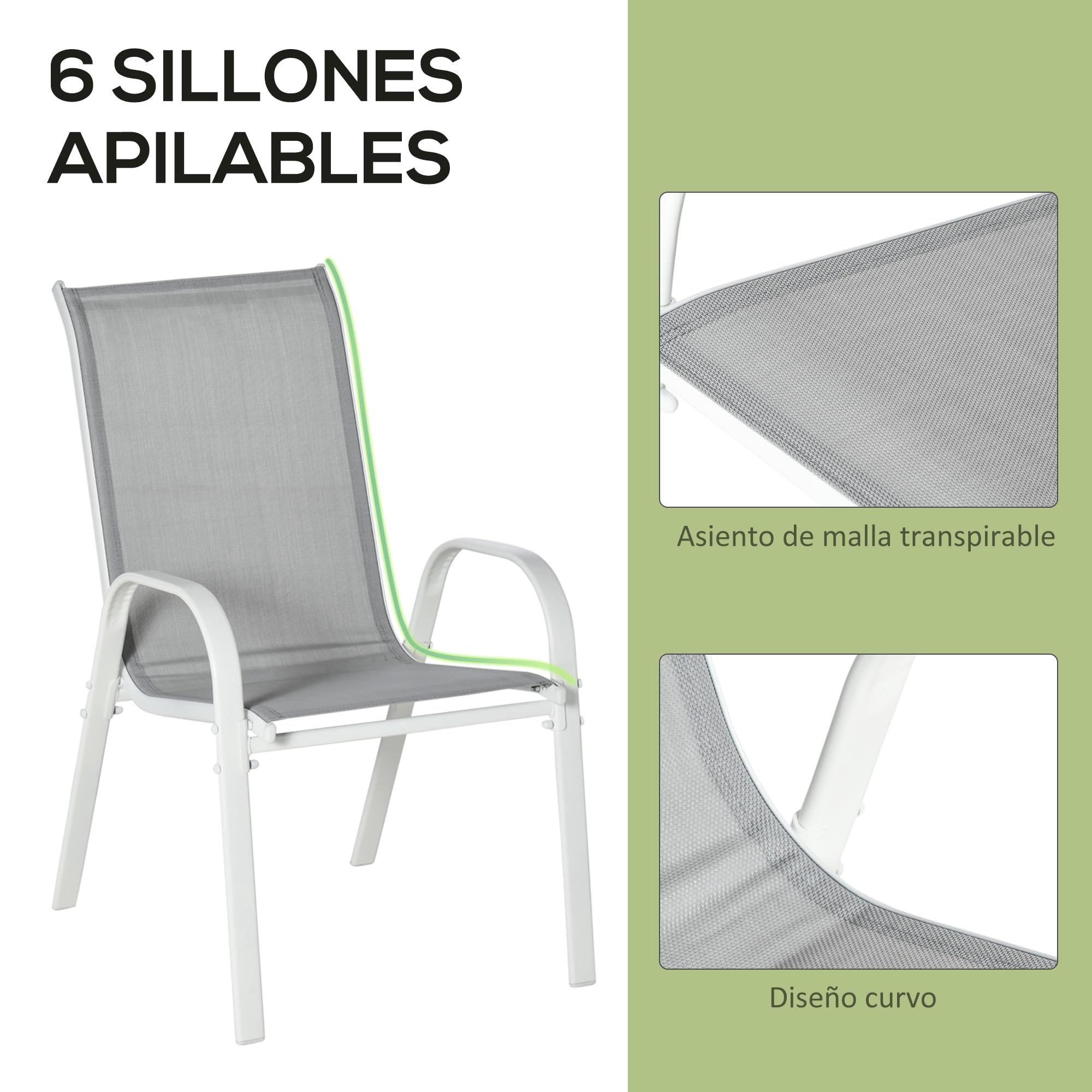 Outsunny Conjunto de Mesa y Sillas Jardín de 7 Piezas Exterior Gris | Muebles de Jardín Exterior, Mesa y 6 Sillas para Terraza, Orificio para Sombrilla, Encimera de Cristal, para Terraza Patio