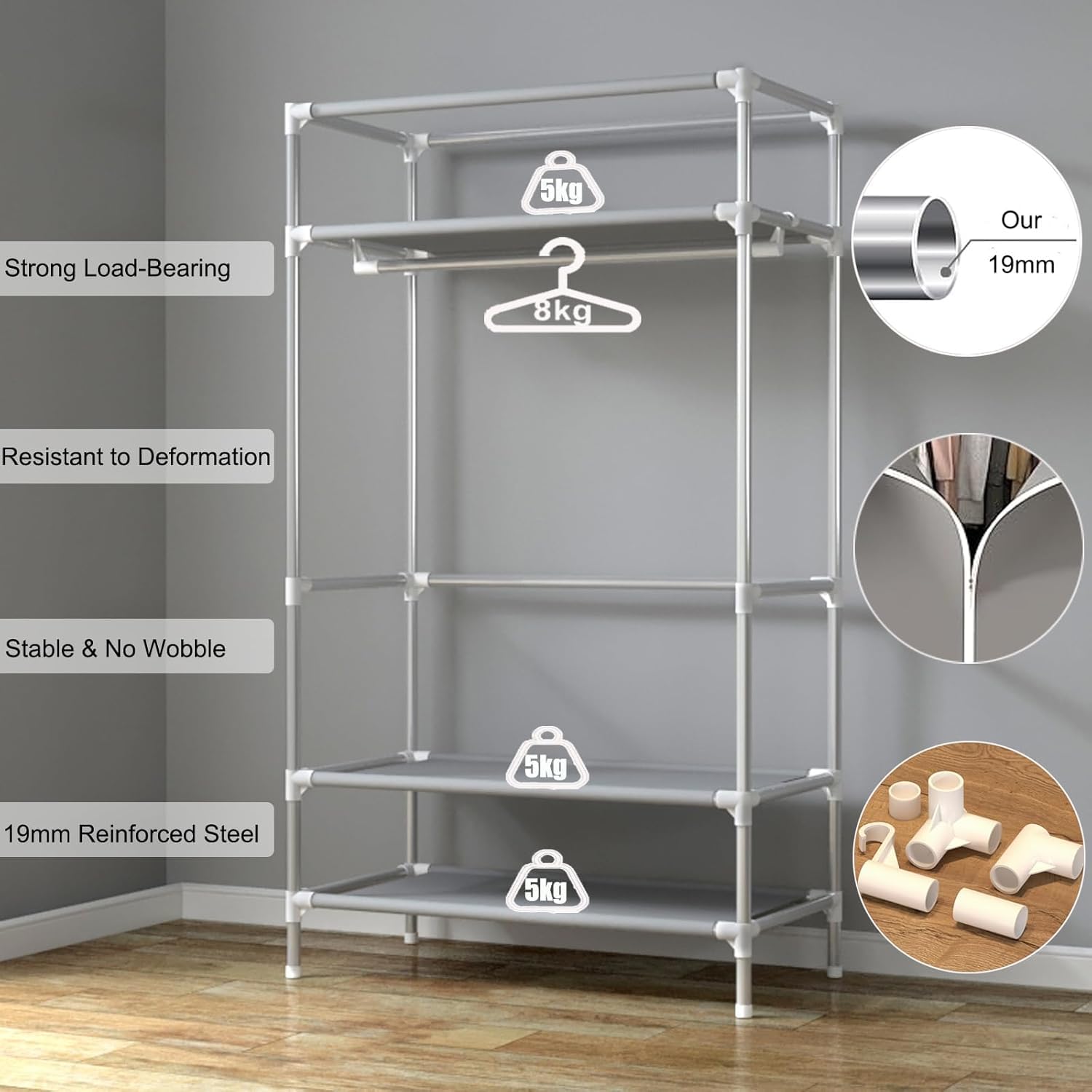 Kleiderschrank,Schlafzimmer Stoffschrank,Kleiderstander mit Schubladen,Faltbar Garderobe mit Kleiderstange