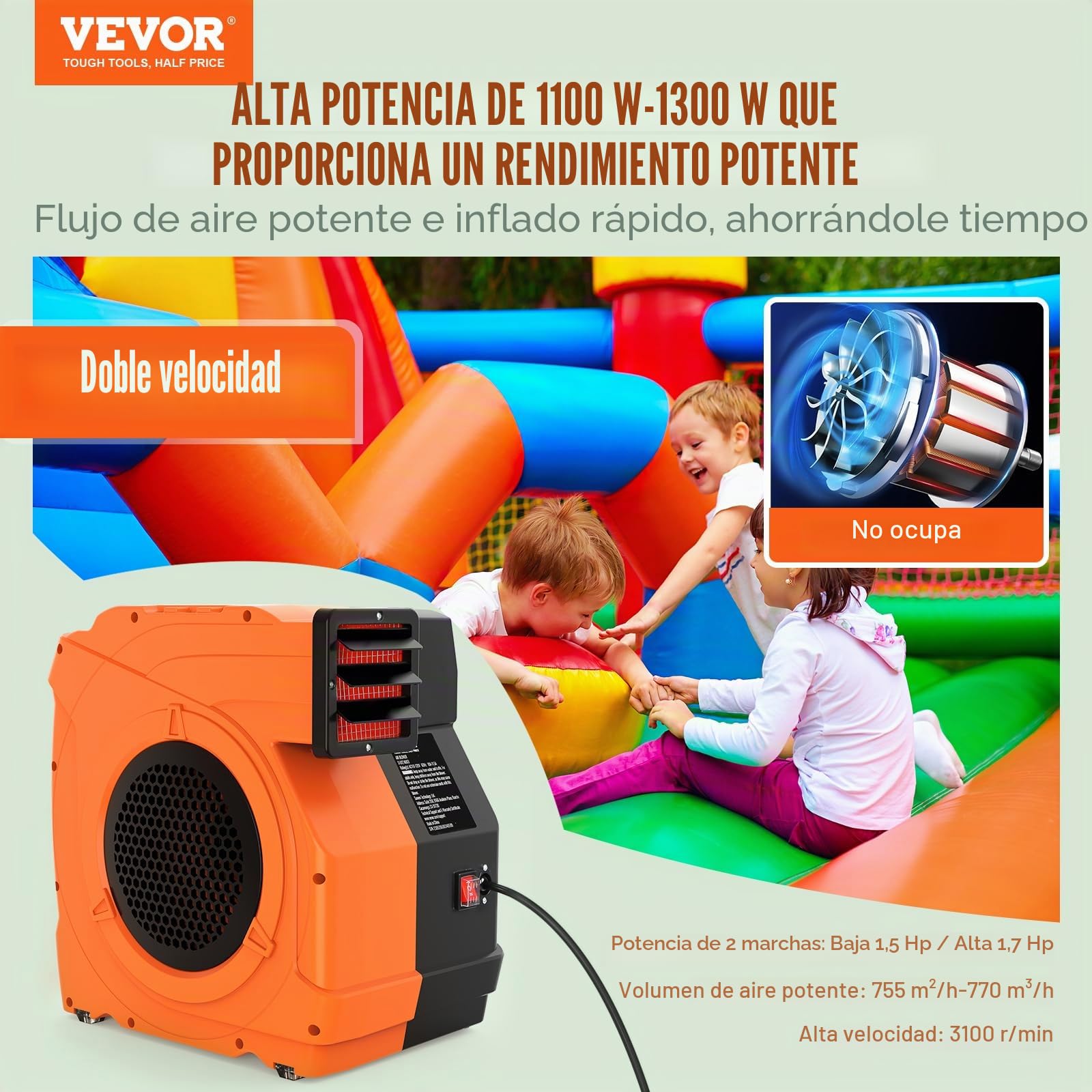 VEVOR Soplador Inflable 1100 W, 1,5 y 1,7 HP, Soplador de Aire Comercial para Inflables, Ventilador Eléctrico de Castillo Hinchable de 3100 RPM Casa de Rebote, Toboganes Acuáticos 387 x 275 x 423 mm