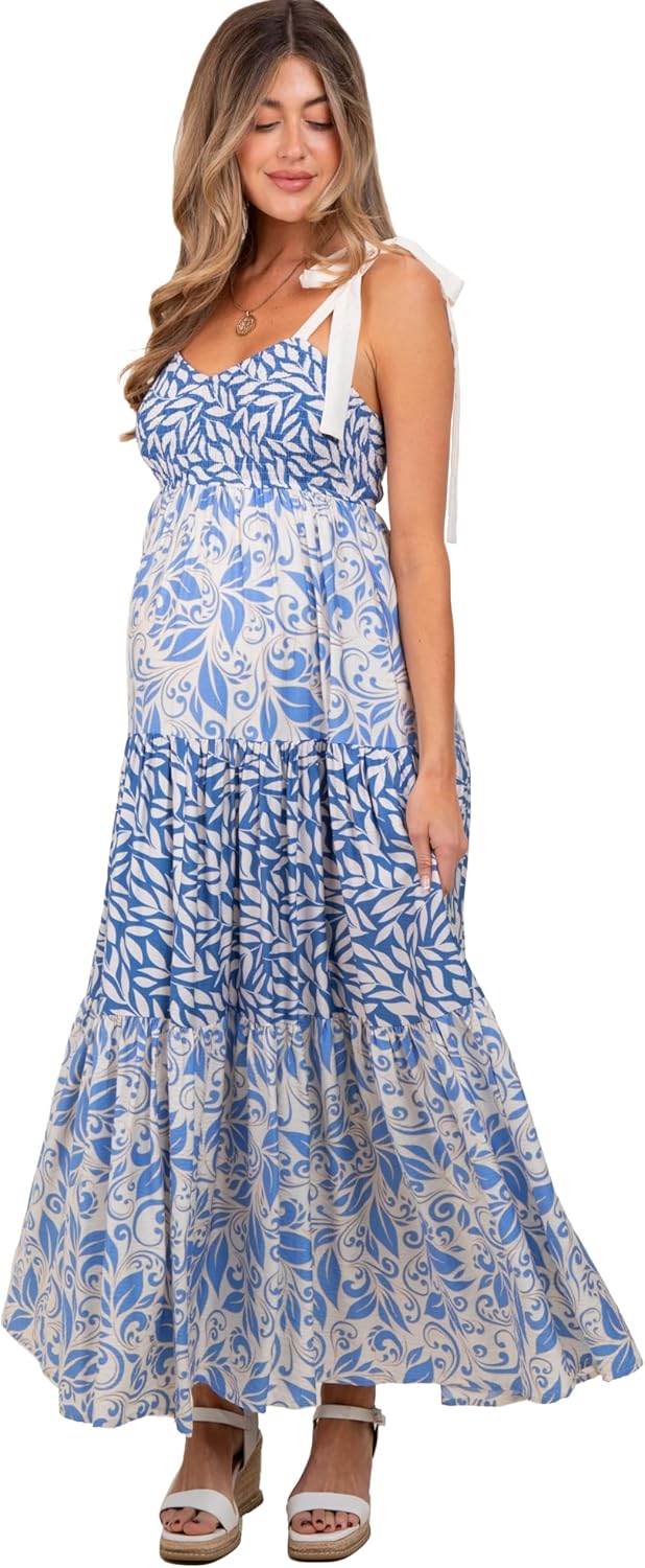 PinkBlush Leaf Print Smocked Shoulder Tie Tiered Maternity Maxi Dress