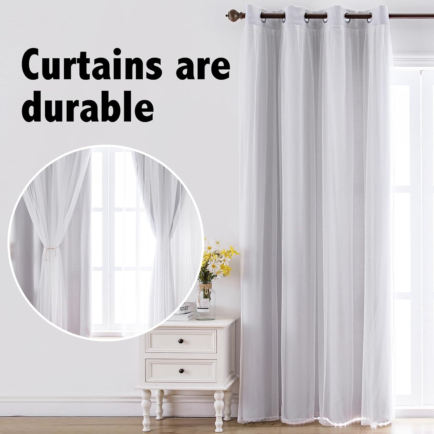 indistar Home Blackout Curtains Double Layer Solid Sheer Grommet Top Window Curtain Panel Pair, 52Wx95L,Greyish White