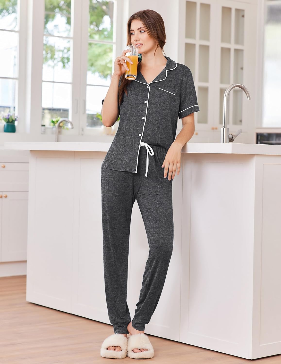 Ekouaer Women Pajama Set Short Sleeve Button Down Pjs Soft Comfy Sleepwear Nightwear with Jogger Pants - Image 4