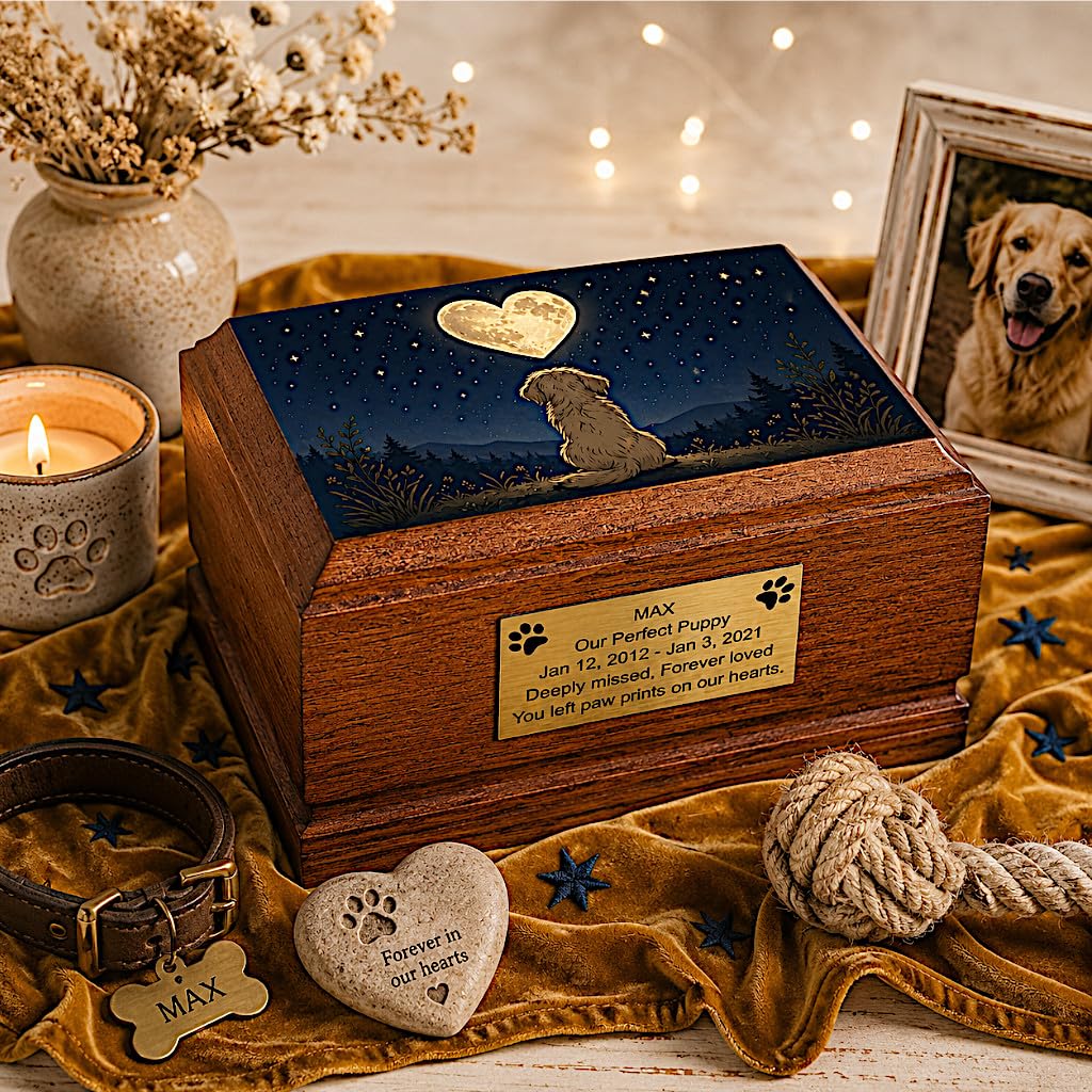 Dog Cremation Urn for Ashes Wooden Pet Urn with Moon Heart Pet Memorial Box