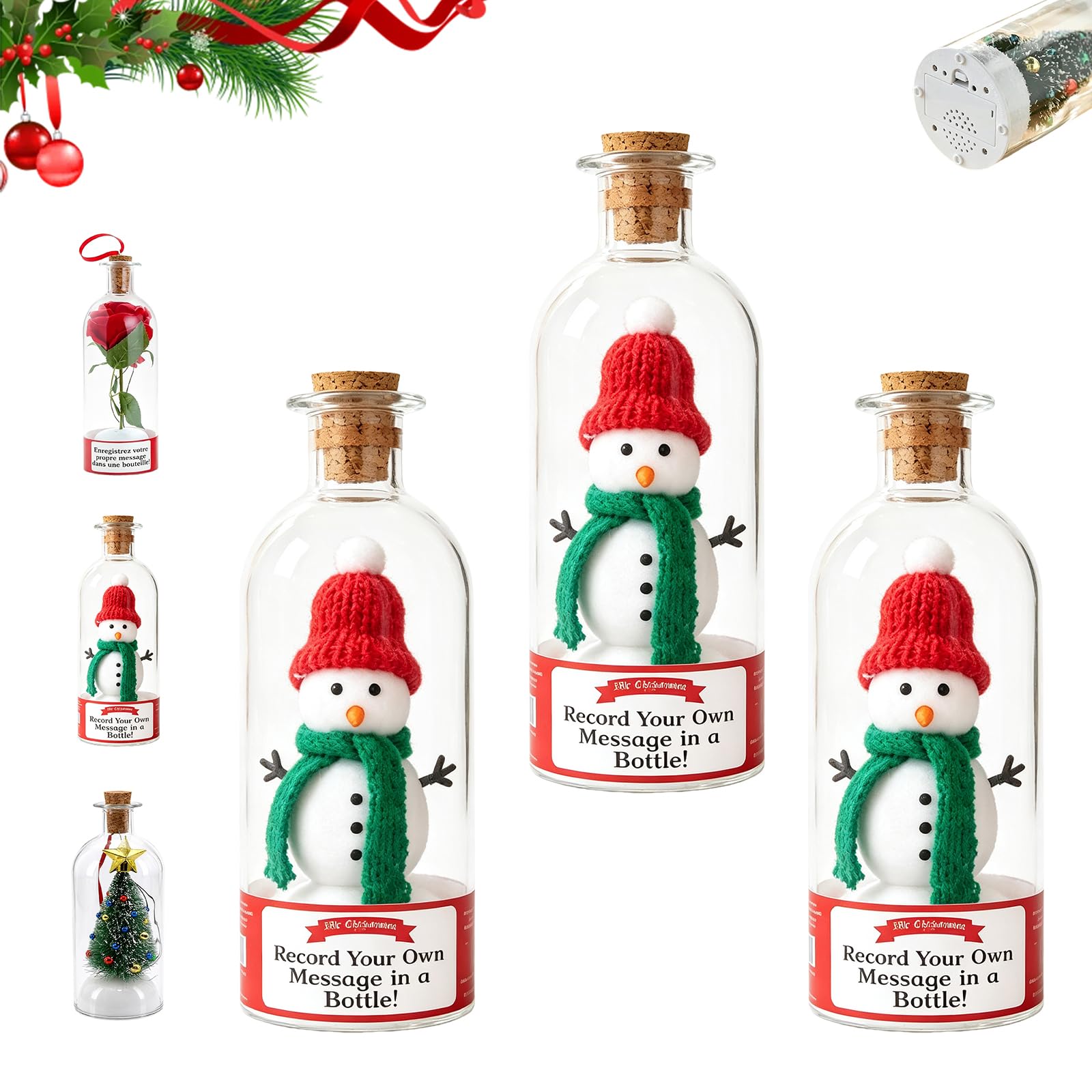 Messaggio dell'albero di Natale in una bottiglia, decorazione natalizia | Ornamento del pupazzo di neve della rosa dell'albero di vetro con voce registrabile, regali decorativi speciali di Natale