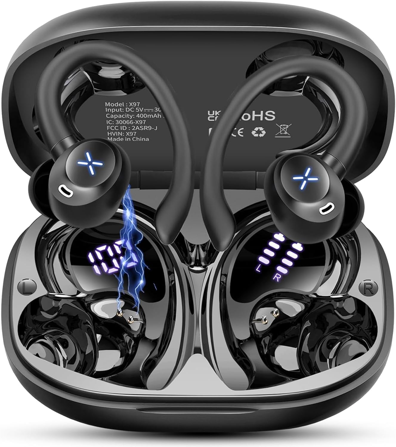 Wireless Earbuds, Bluetooth 5.4 Headphones Stereo Deep Bass with Earhooks, 50H Bluetooth Ear Buds with Noise Cancelling Mic, Fast Charging Digital Display IP7 Waterproof Earphones for Workout/Sports