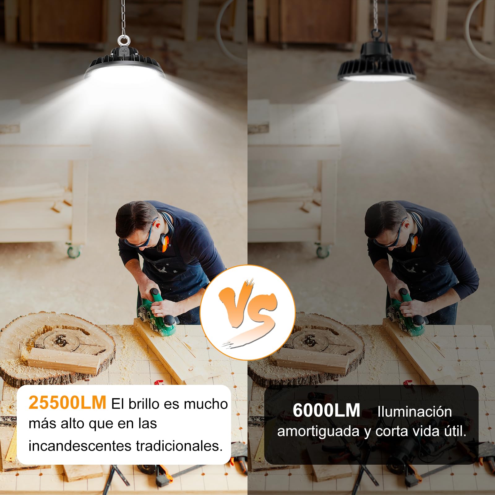 150W LED Lámpara de Alta Bahía 25500LM Campana led 4000K Industrial Regulación 90W/120W/150W IP65 Antipolvo e Impermeable Foco LED 120° Driver Industrial Para Fábricas,Talleres,Garajes
