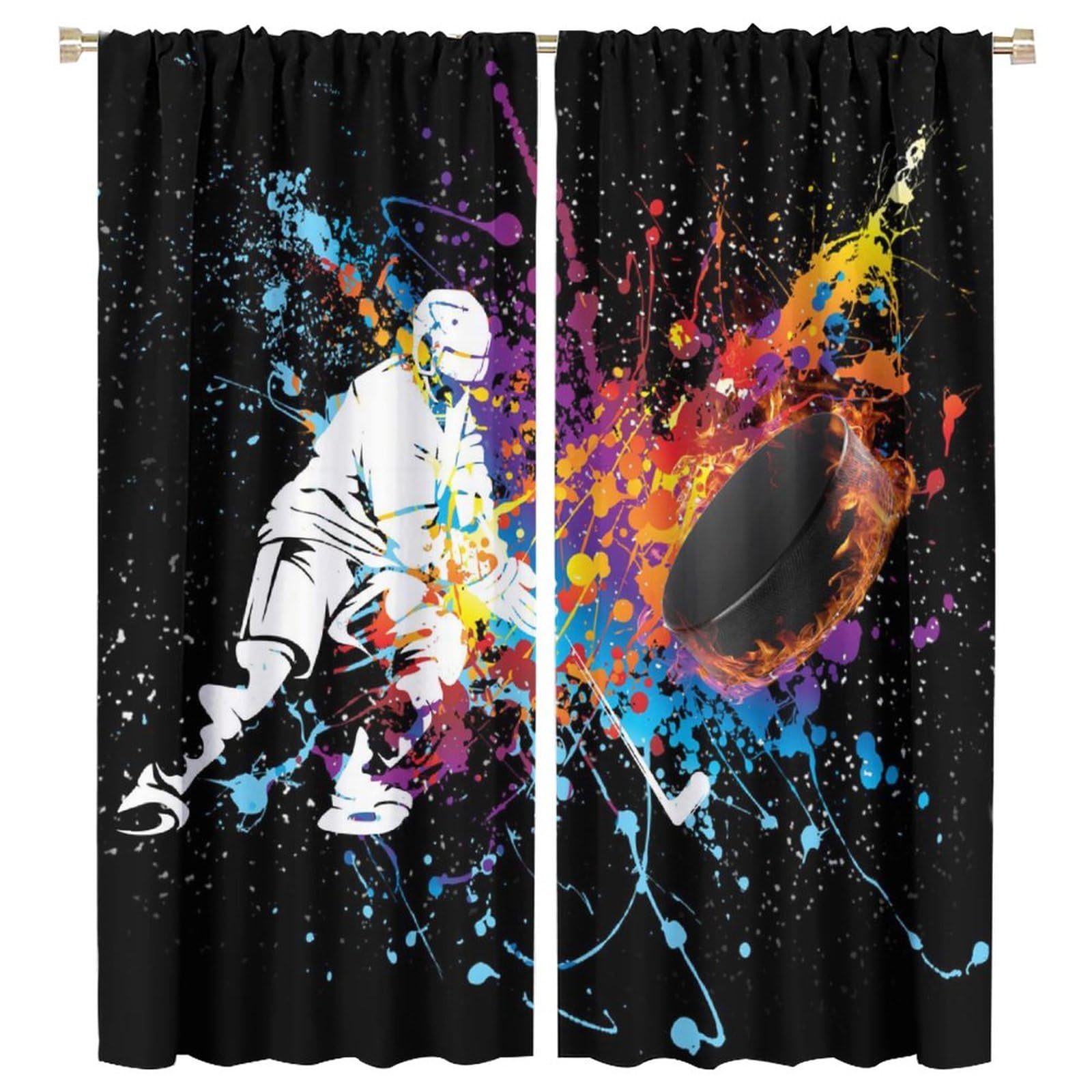 Modern Ice Hockey Sports Curtains - Cool Rainbow Colorful Graffiti Paint Style Hockey Player Balls Window Drapes Room Darkening Blackout Thermal Insulated Rod Pocket Curtains 2 Panels 63