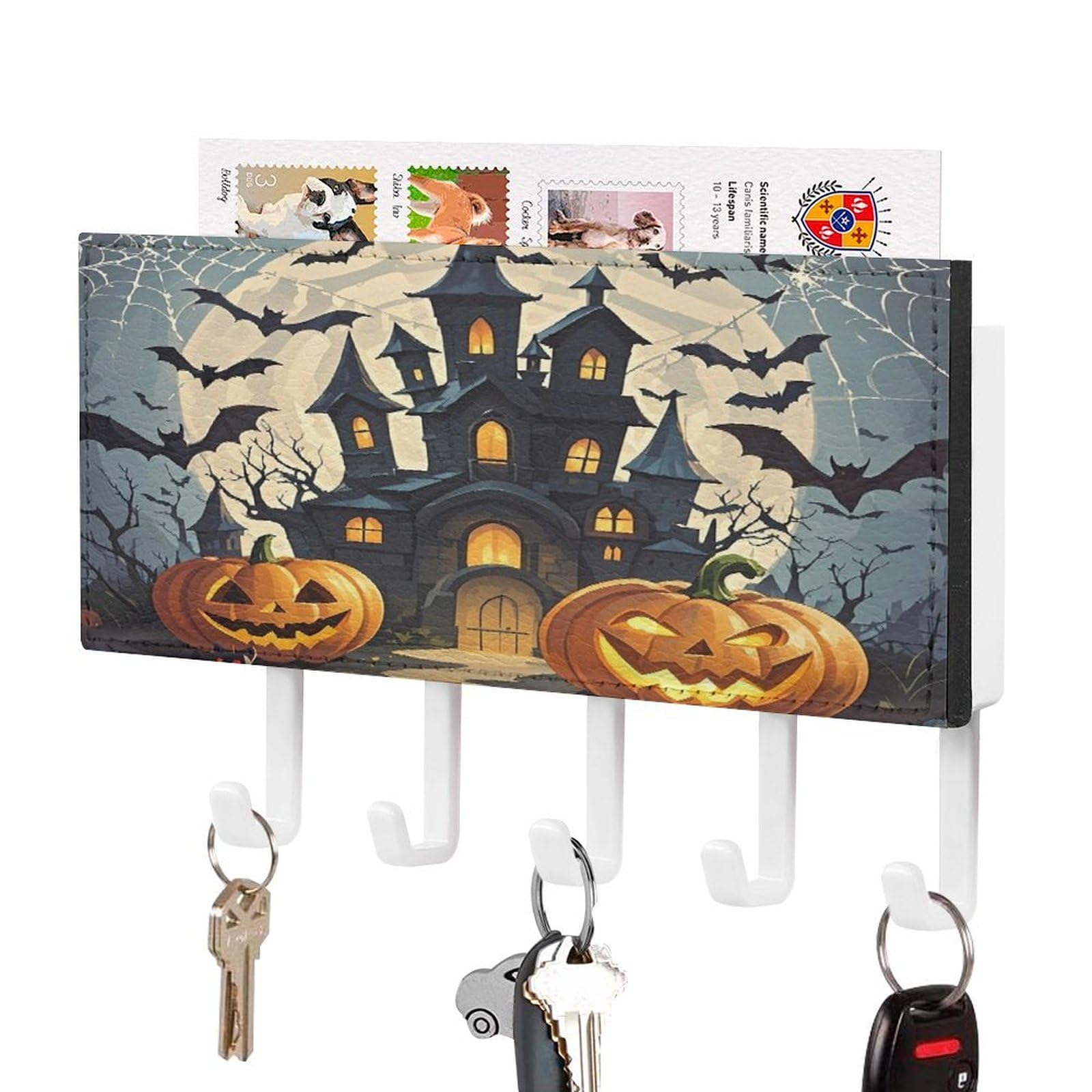 Lzqpoeas White-Style Pumpkin Lantern Castle Key Holder Wall Mount With Mail Organizer Fashion Adhesive Key Hanger With 5 Hooks No Drill Pu Leather Key Organizer Rack For Entryway Kitchen Hallway Decor