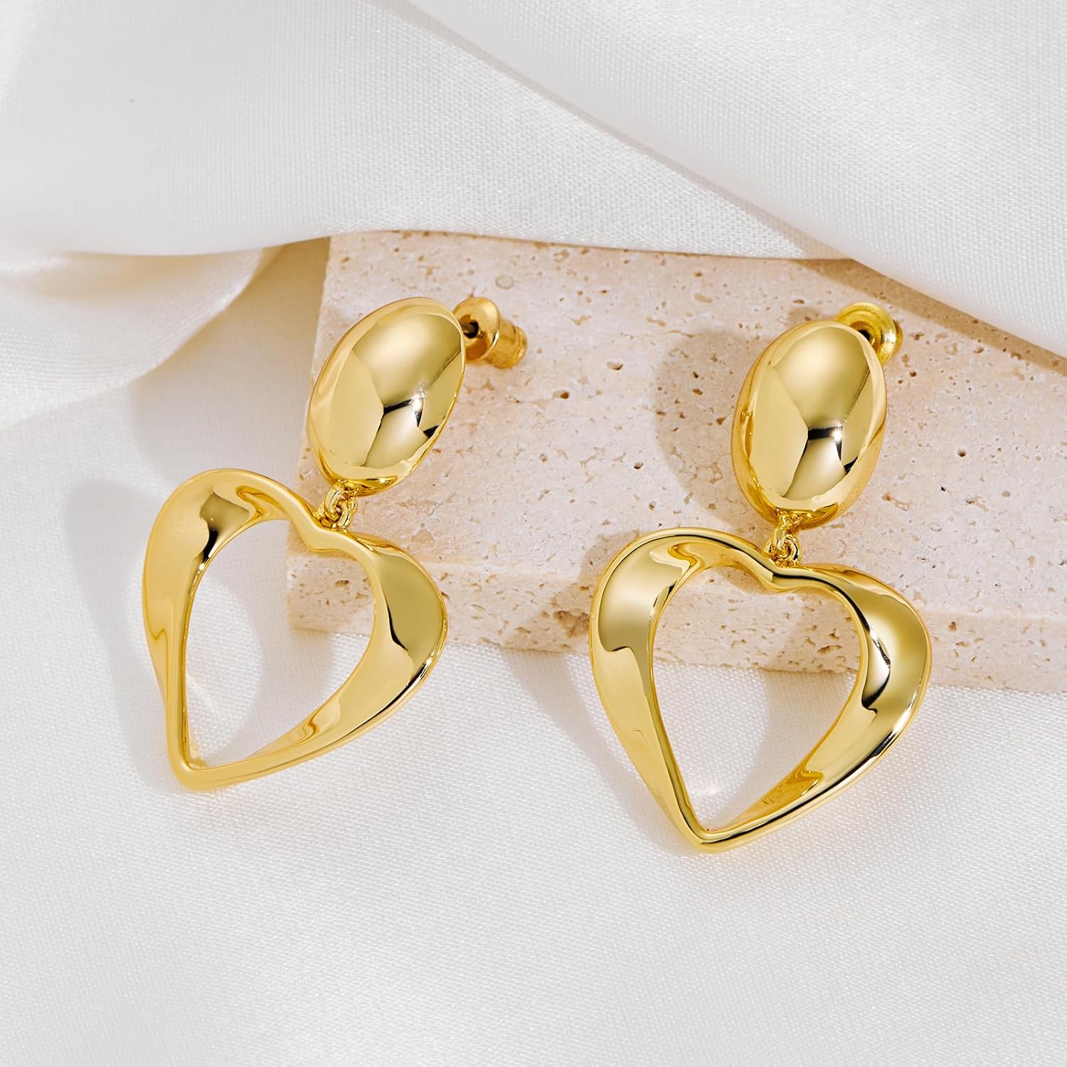 Heart Earrings for Women 14K Gold Plated Dainty Double Heart Drop Dangle Earrings Textured Vintage Brushed Love Heart Studs Trendy Valentines Jewelry Gift - Image 5