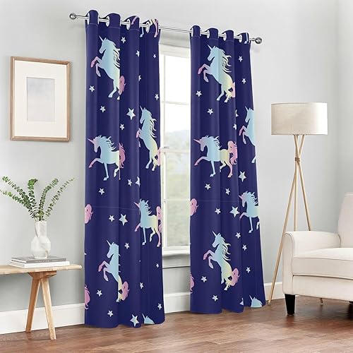Miniatura 6 de GuoChe Blackout Curtains for Bedroom Neon Kawaii Unicorns Blue Stars Window Cover for Bedroom & Living Room 84" Curtains for Sliding Glass Door