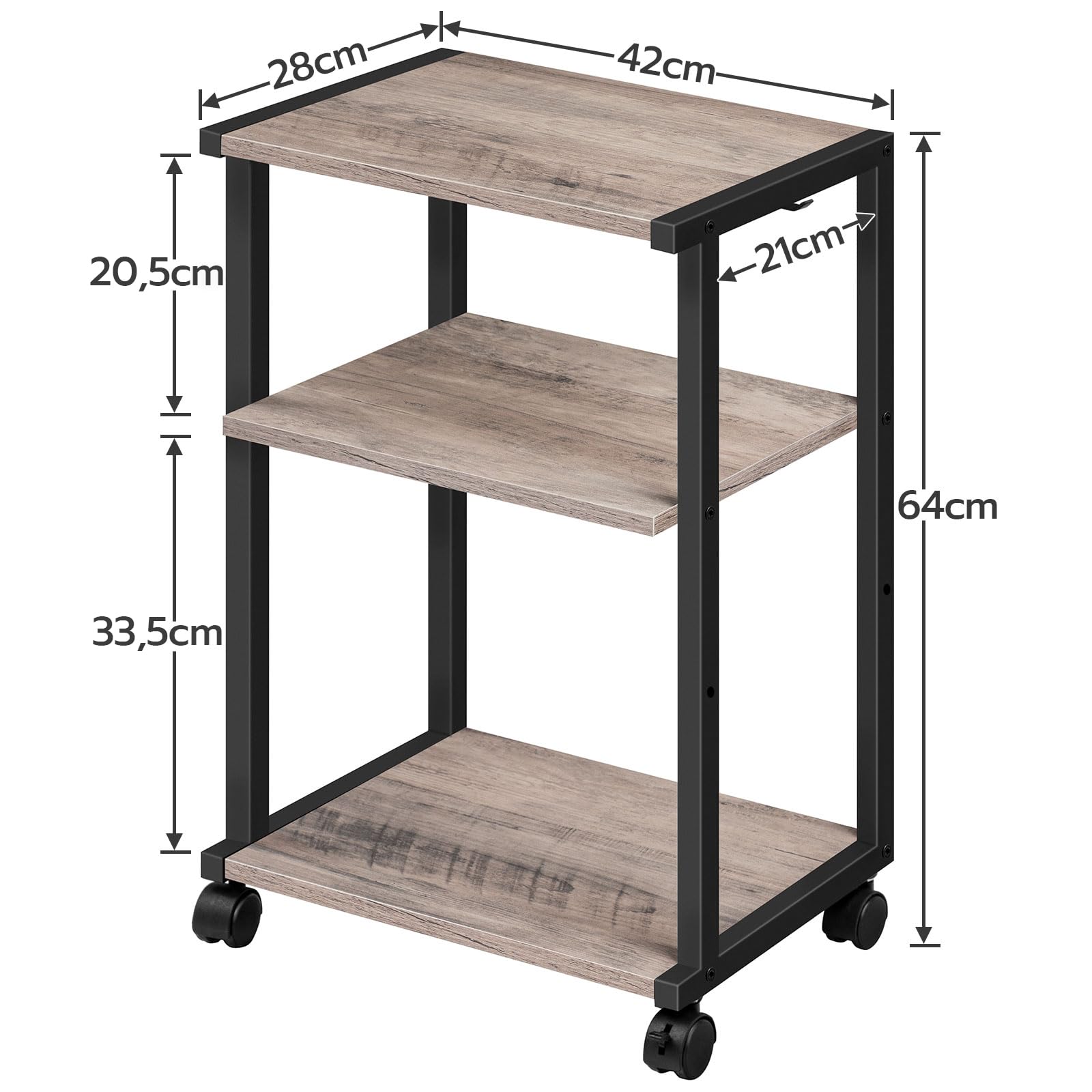 HOOBRO Druckertisch, 3-stöckiger Druckerständer mit Rollen, Höhenverstellbar Druckerwagen, mit 3 Ablagen und 2 Haken, 42 x 28 x 64 cm, für Büro, Fax, Kopierer, Scanner EBG28PS01N1