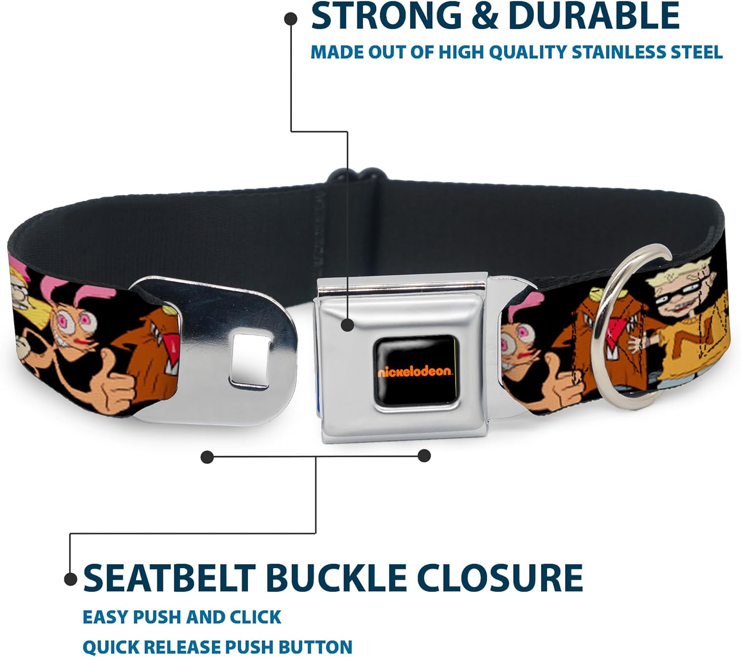 Nickelodeon Pet Collar, Dog Collar Metal Seatbelt Buckle, Nick 90s Character Poses Black, 11 to 16.5 Inches 1.0 Inch Wide