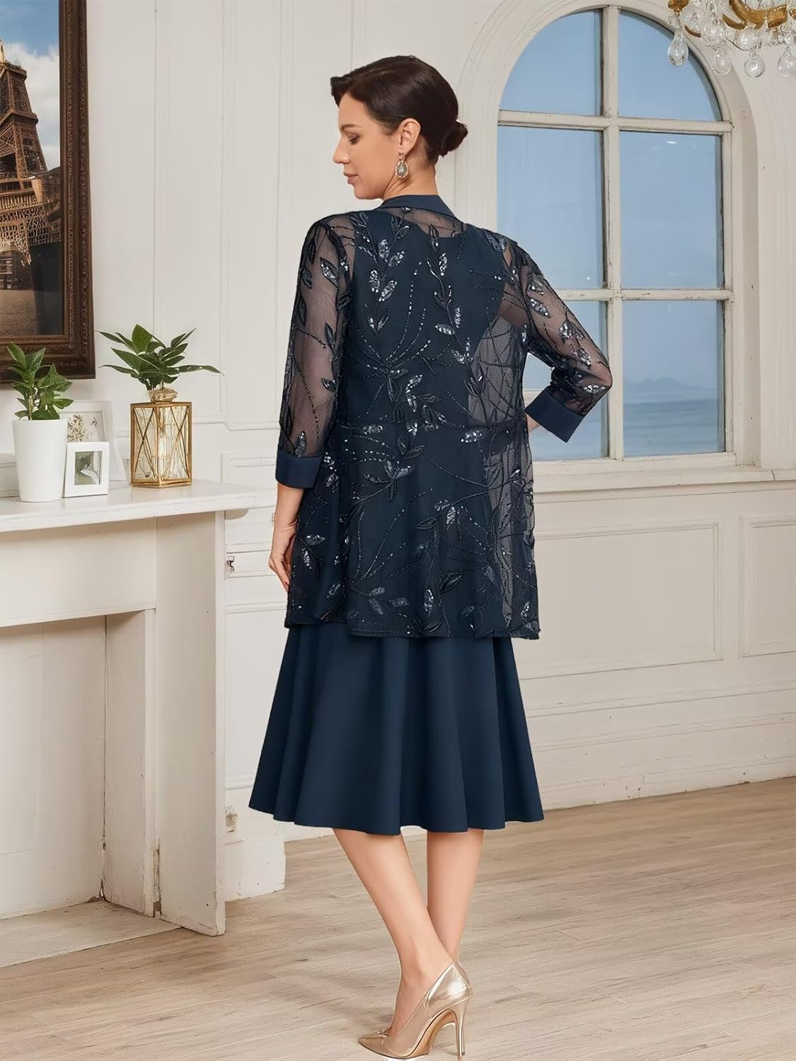 2 Piece Mother of The Bride Dresses 3/4 Sleeves Chiffon Sequins Tea Length Formal Evening Gown - Image 3