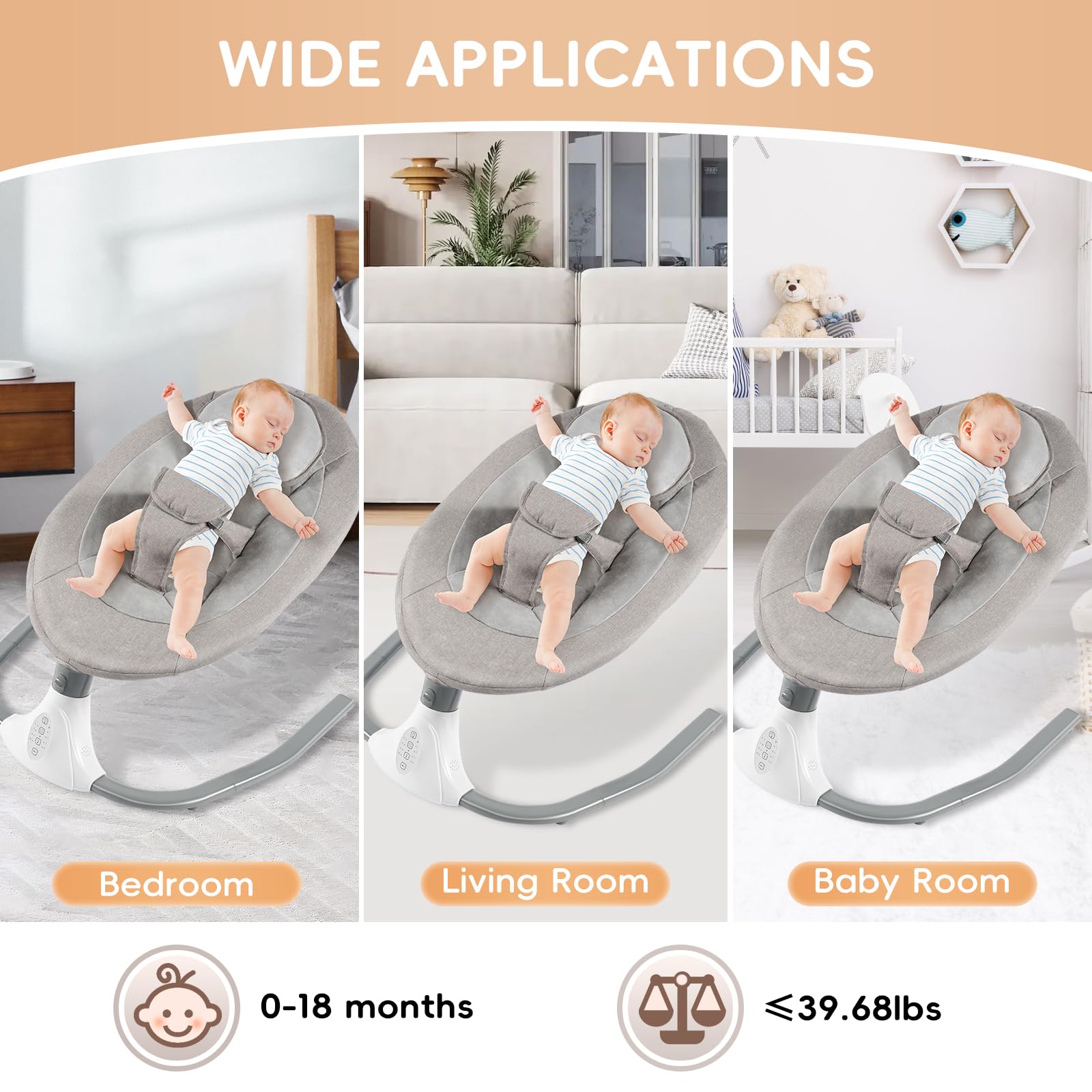 Babywippe Elektrisch 0–18 Monate, 4 Stufen, bis 18 kg, Grau