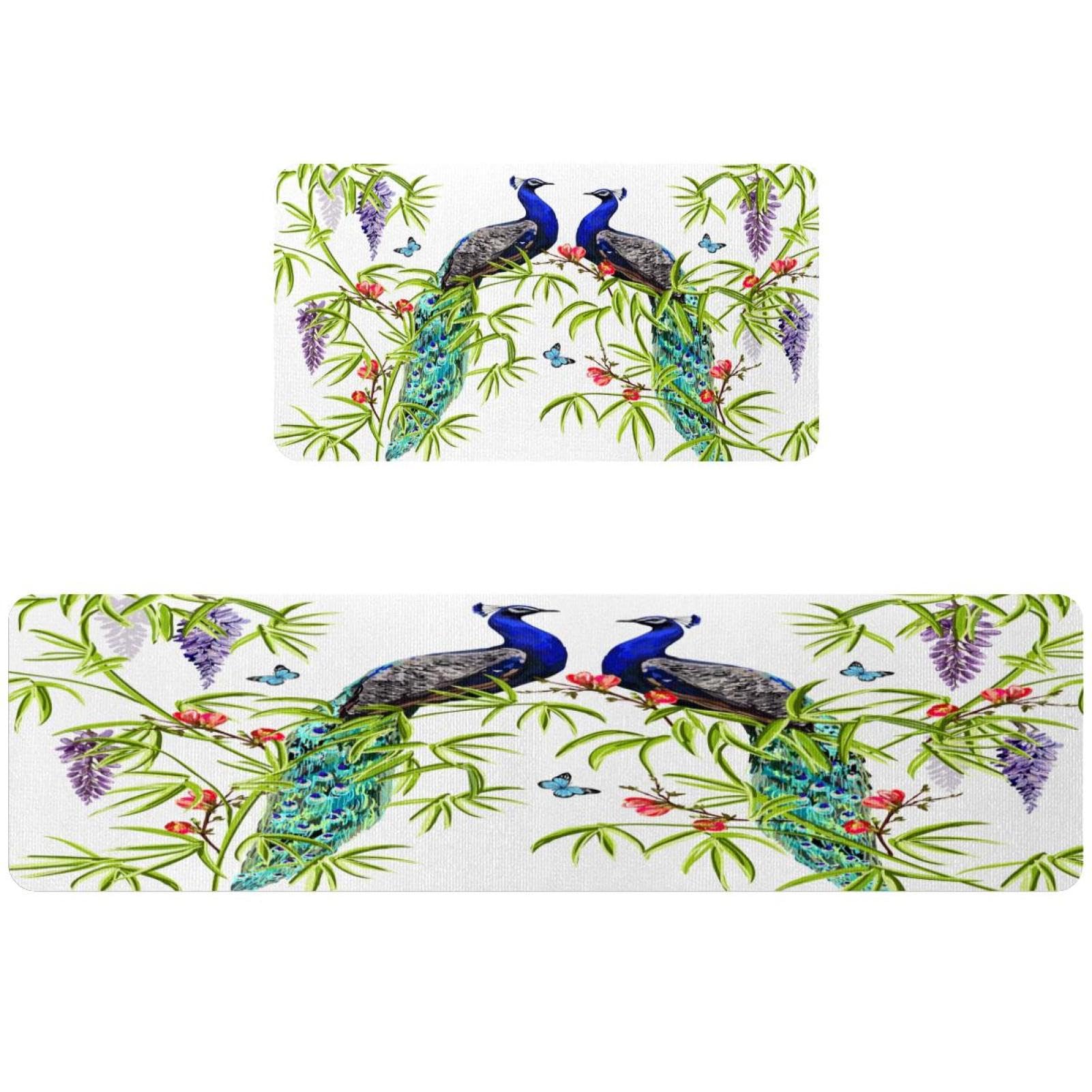 Lot de 2 tapis de cuisine deux paons antidérapants et lavables