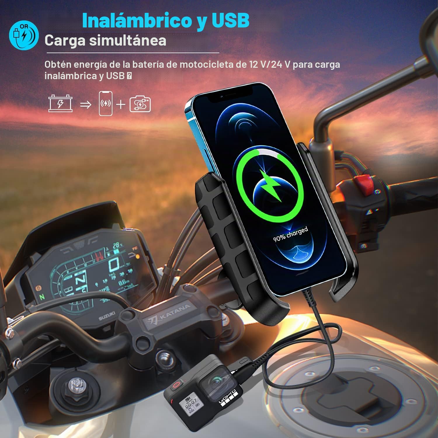 iMESTOU Cargador Inalámbrico para Motocicleta QC3.0 USB C Manillar Soporte para teléfono Funciona con Motocicletas de 12/24 V o Enchufando a USB A Socket para Teléfonos Móviles de 4 a 7 Pulgadas