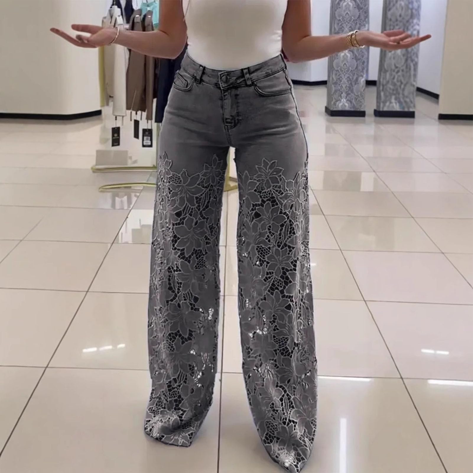 Dżinsy damskie z szerokimi nogawkami - Hollow Lace Spliced, szerokie nogawki dżinsy z wysokim stanem workowate spodnie jeansowe spodnie wiosenne spodnie