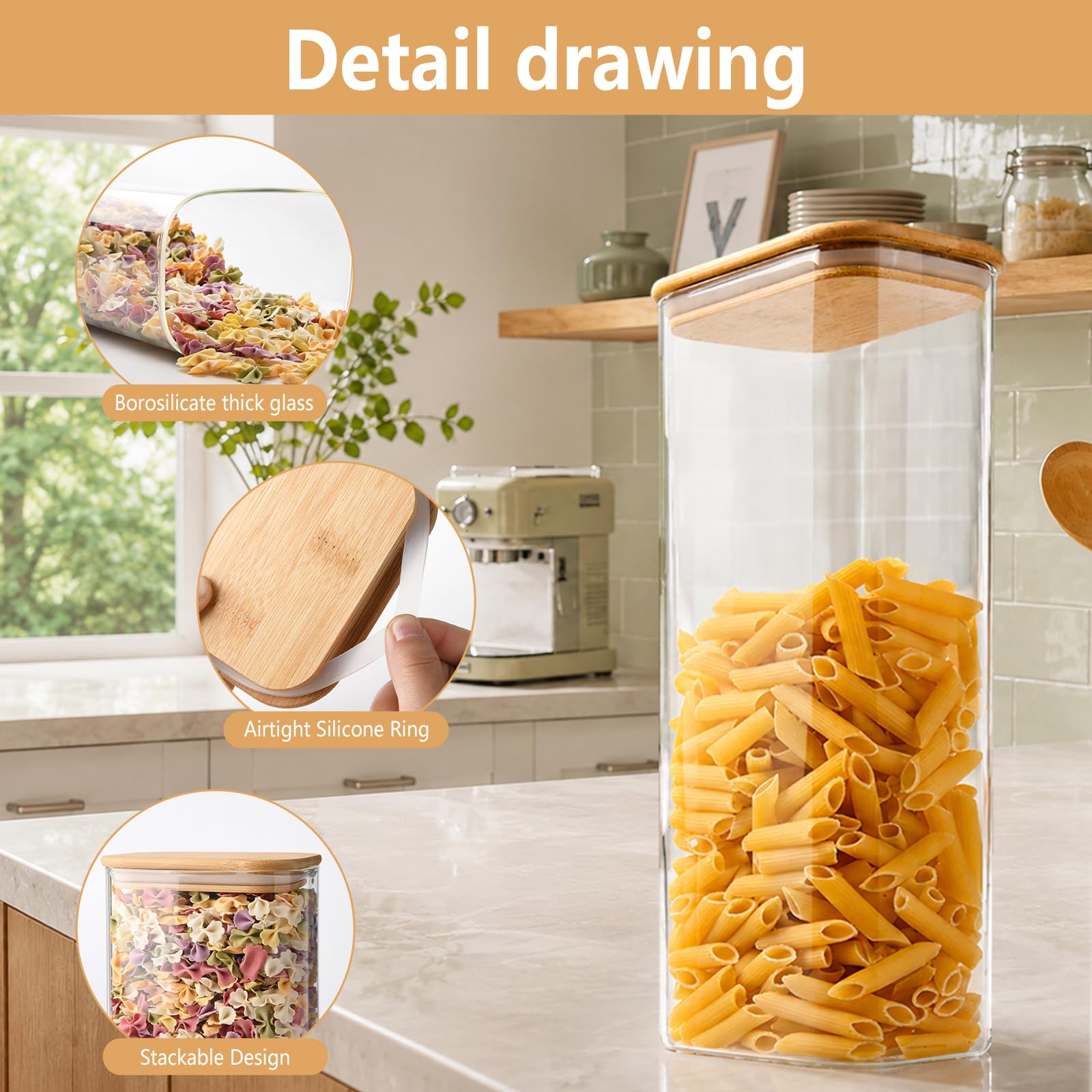 YBCPACK Juego de 4 tarros de cristal de borosilicato herméticos con tapa de 2,1 L, 2100 ml, tarros de almacenamiento cuadrados con tapa de bambú para espaguetis, judías y copos de maíz