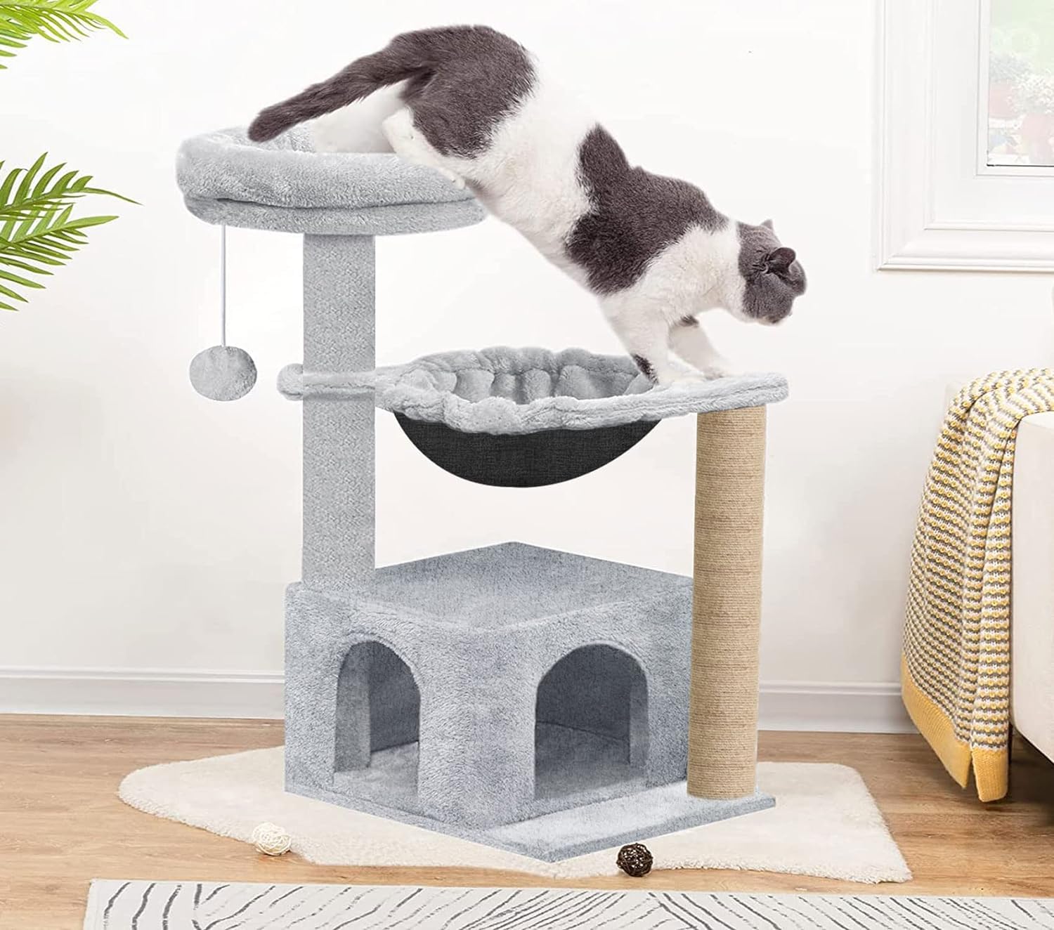 Soft Fur Condo Activity Cat Tree - Jute Rope Scratching Post, Hanging Ball, Hammock, Suitable for Small Cats (Condo 16 x 16 Inch) (Height 38 Inch) (Large) (Grey - FURR71)
