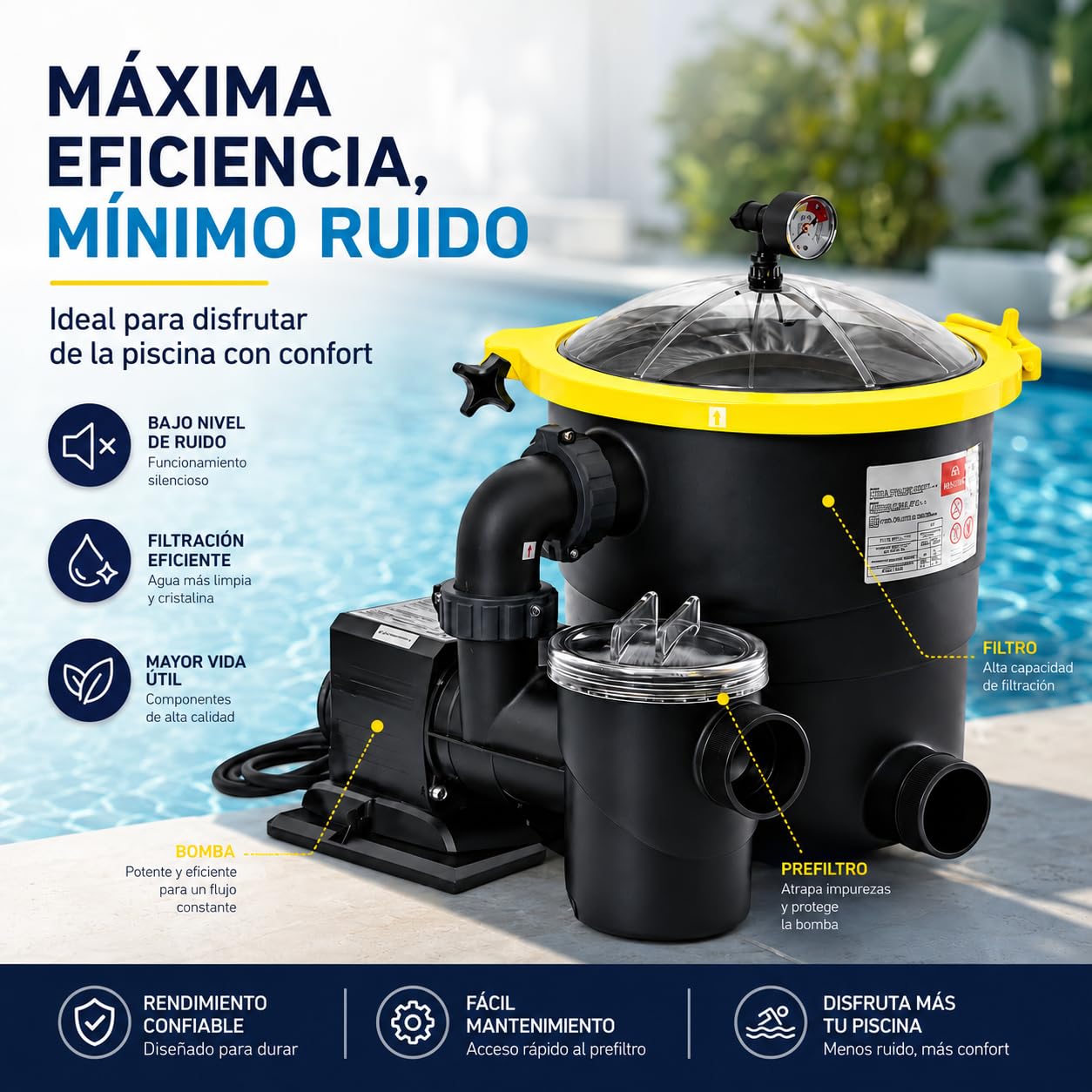 Depuradora de piscina TOPFILTER 4.800 l/h, ULTRASILENCIOSO bomba de solo 80W con prefiltro y conexión Intex ® / Bestway ® 32 y 38 mm