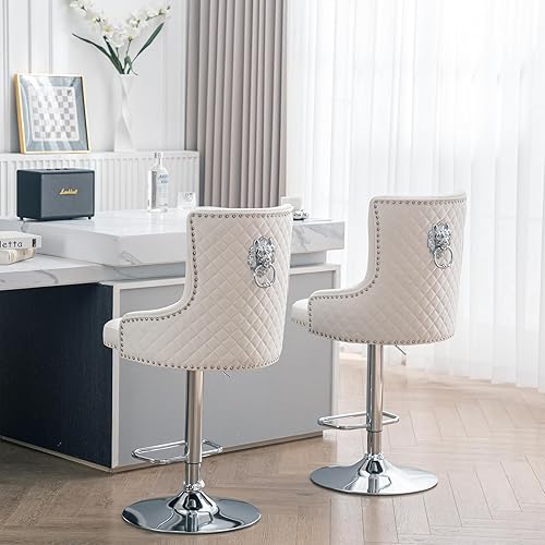 Miniatura 9 de Chummaven Juego de 2 taburetes de bar de terciopelo dorado, modernos taburetes giratorios ajustables en altura de mostrador con respaldo alto