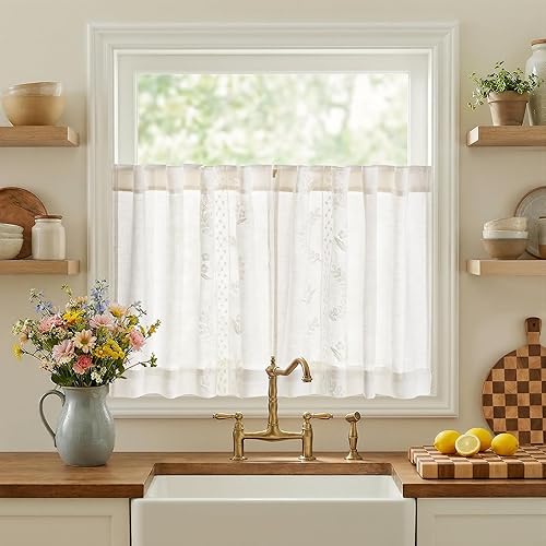 jinchan Belrose Linen Floral Kitchen Curtains 24 inch Length Embroidered