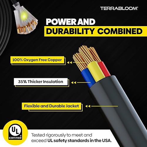 Miniatura 4 de SJEOW - Cable de extensión para exteriores de 15 pies, 123, goma flexible, triple tomacorriente, cable negro con indicador de luz de alimentación