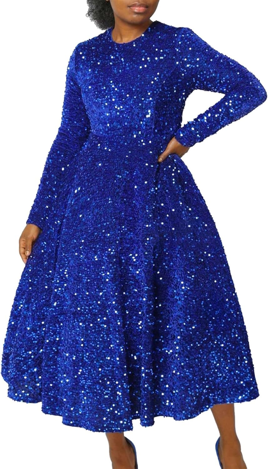 SOMTHRON Women's Sequin Dress Plus Size Long Sleeve A-Line Flared Party Cocktail Sparkle Glitter Evening Shiny Maxi Dress