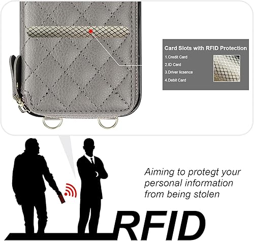 Miniatura 10 de Bocasal Funda tipo cartera cruzada para iPhone 14 Pro Max, con bloqueo RFID, de piel sintética, con cremallera, funda tipo cartera con función atril