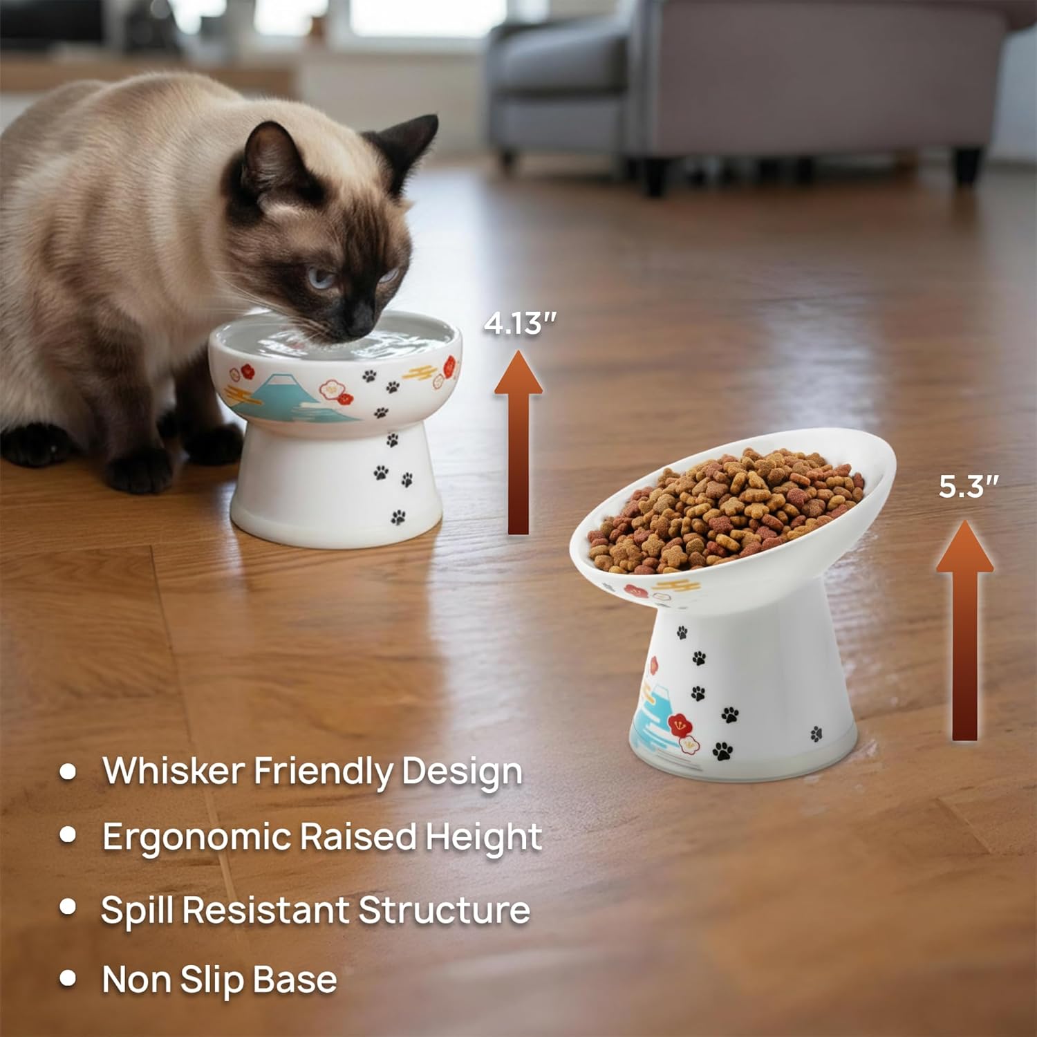 Necoichi Raised Cat Food Bowl 15° Tilted & Cat Water Bowl - Ceramic Bowls for Whisker & Neck Fatigue Non-Slip Ergonomic Design Dishwasher & Microwave Safe (Fuji, Extra Wide + Extra Tall) Bundle