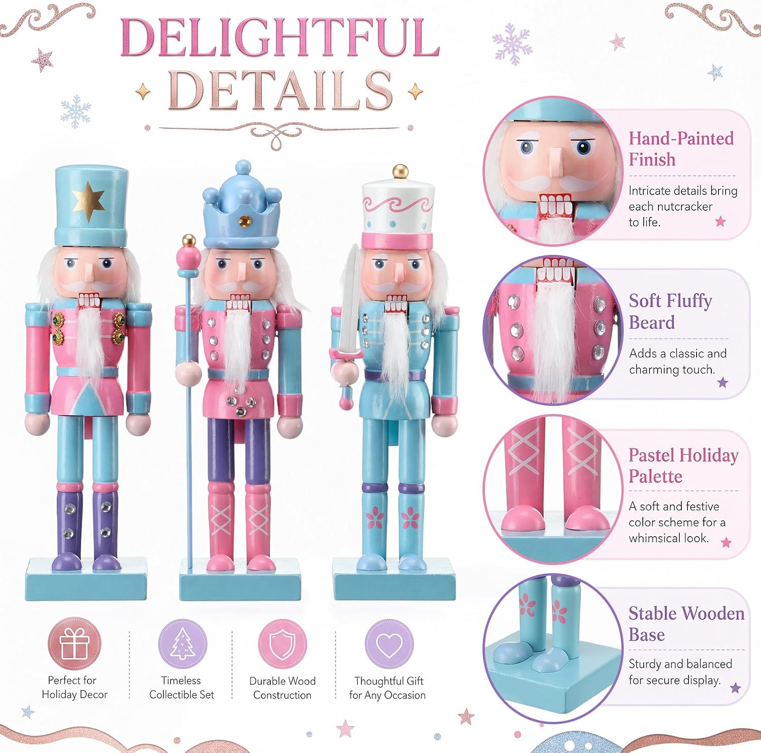 3 Pcs Pastel Christmas Nutcracker Figures 10 Inch Wooden Nutcracker Gifts