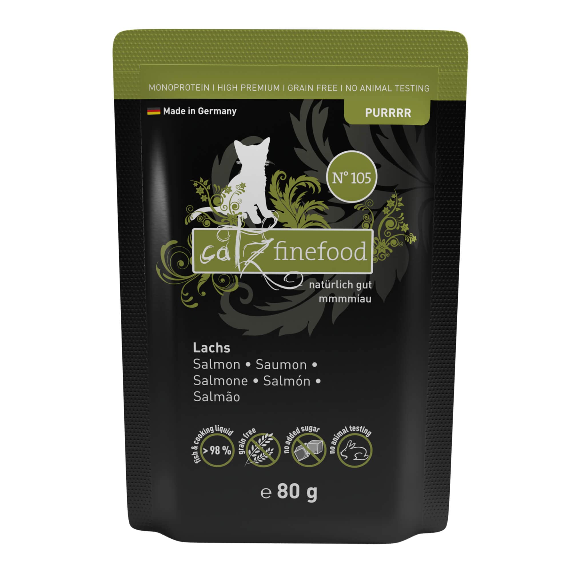 catz finefood Purrrr Lachs Monoprotein Katzenfutter nass N° 105, für ernährungssensible Katzen, 16 x 80 g