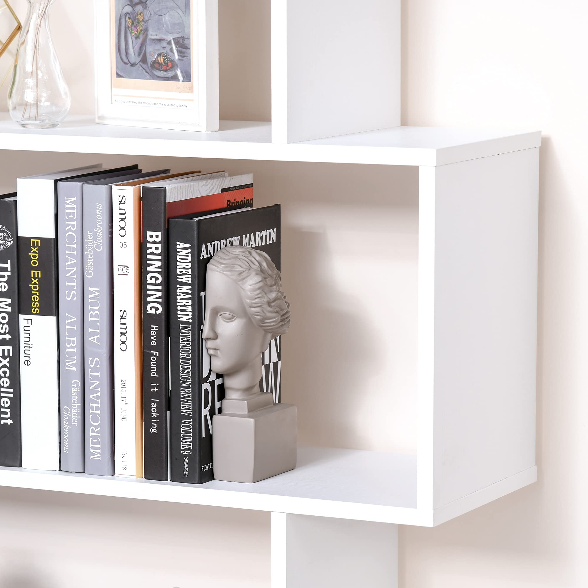 HOMCOM Libreria di Design, Libreria a Parete Bianca, 6 Ripiani Scomposti, Struttura a Zig-Zag, Moderna, Resistente, in Legno, per Salotto e Ufficio, 80x24x191cm, Bianco